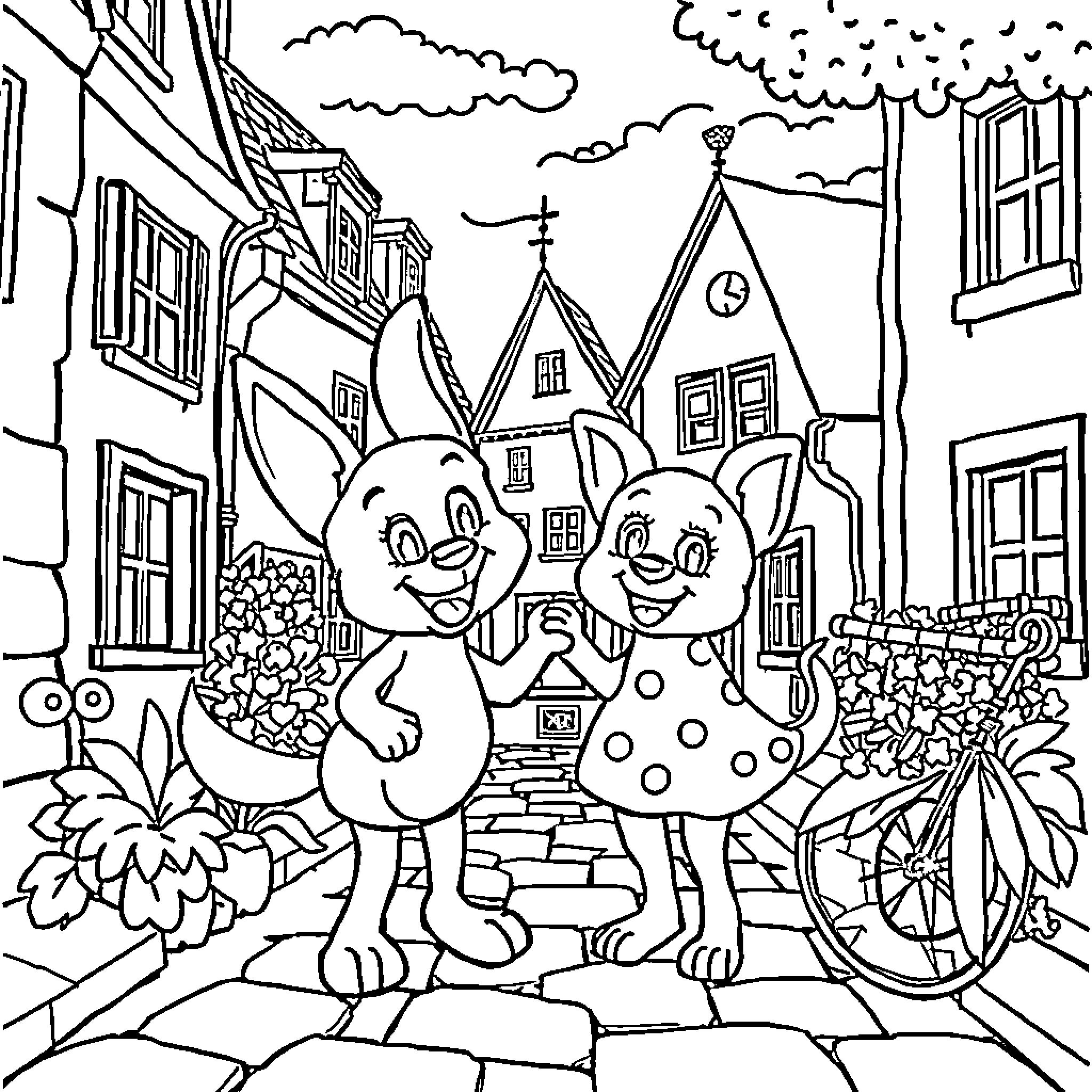 Blue and Bingo's Whimsical Adventure in the Village Coloring Page (free black-and-white line drawing printable PDF for all, from beginners to advanced learners, including children, teens, adults, and seniors)