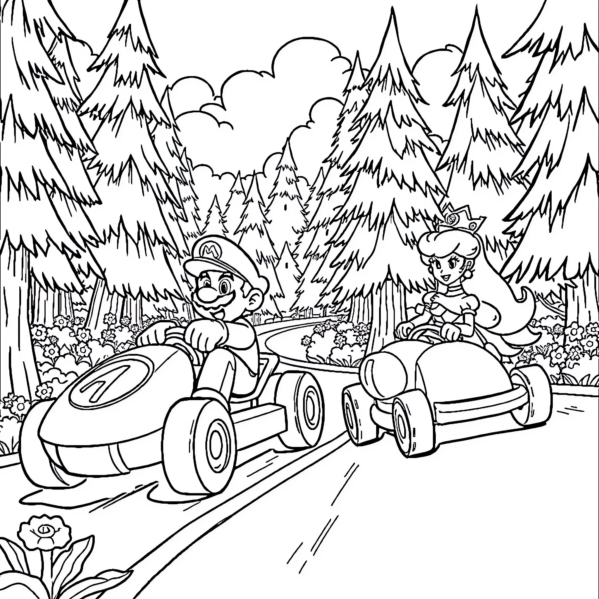 Car Race in the Snowy Forest Coloring Page (free black-and-white line drawing printable PDF for all, from beginners to advanced learners, including children, teens, adults, and seniors)