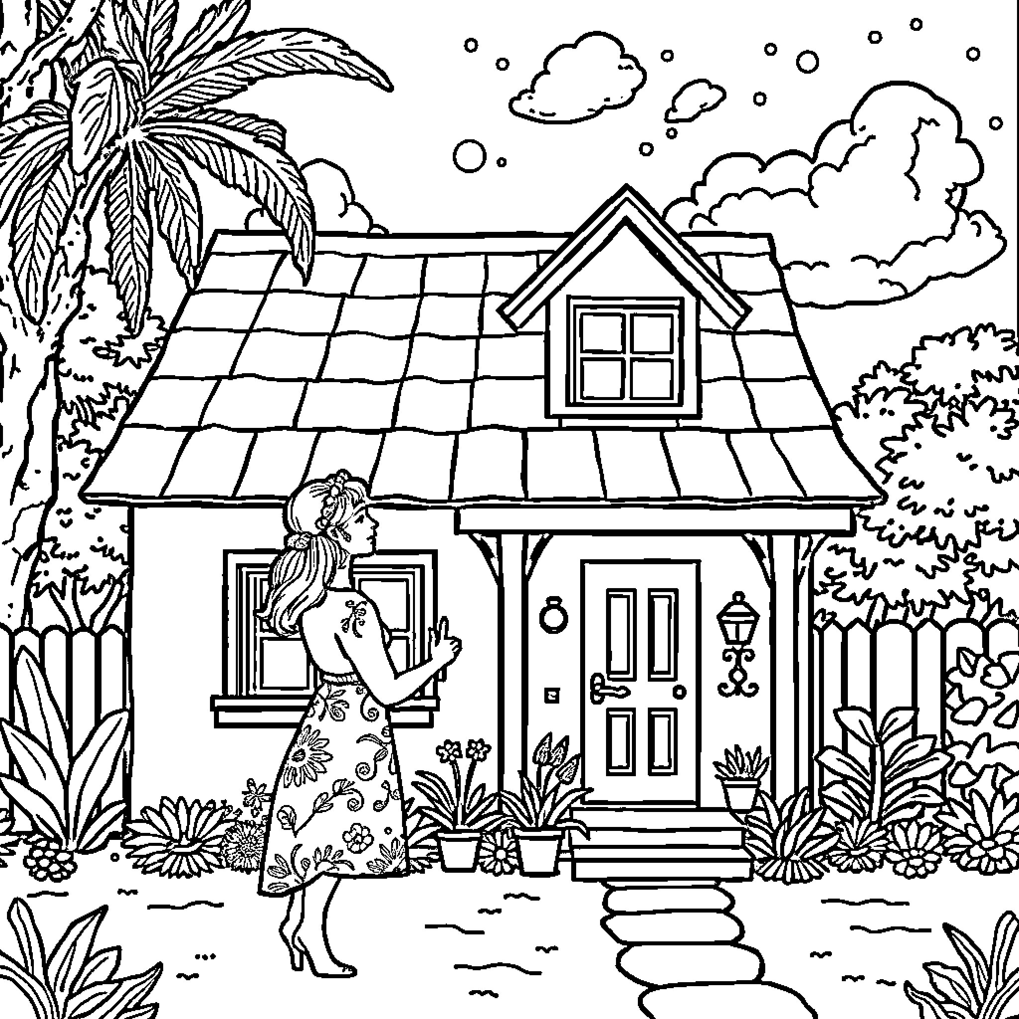Mujer admira su hogar rodeado de naturaleza Coloring Page (free black-and-white line drawing printable PDF for all, from beginners to advanced learners, including children, teens, adults, and seniors)