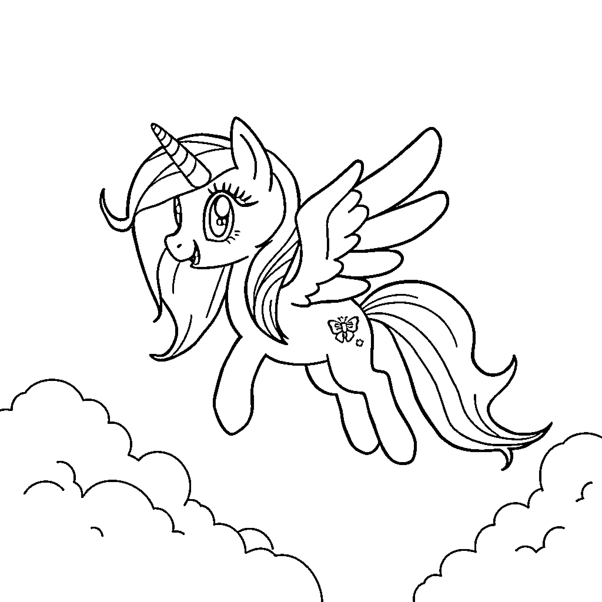Rainbow Dash soaring gracefully through the clouds Coloring Page (free black-and-white line drawing printable PDF for all, from beginners to advanced learners, including children, teens, adults, and seniors)