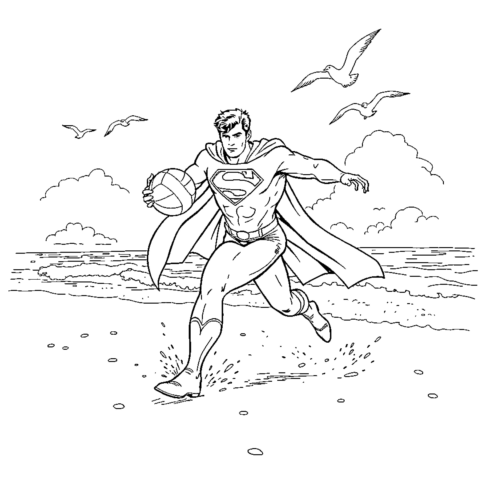 Superman soaring through the skies on the beach Coloring Page (free black-and-white line drawing printable PDF for all, from beginners to advanced learners, including children, teens, adults, and seniors)