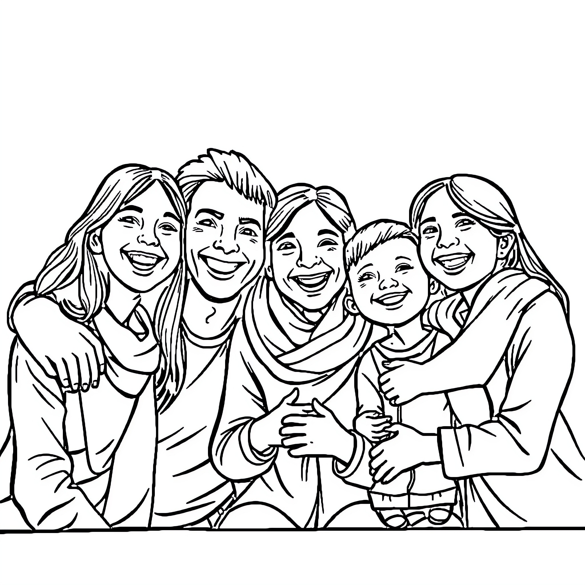 Family Enjoying Warm Embrace and Joyful Expressions Coloring Page (free black-and-white line drawing printable PDF for all, from beginners to advanced learners, including children, teens, adults, and seniors)