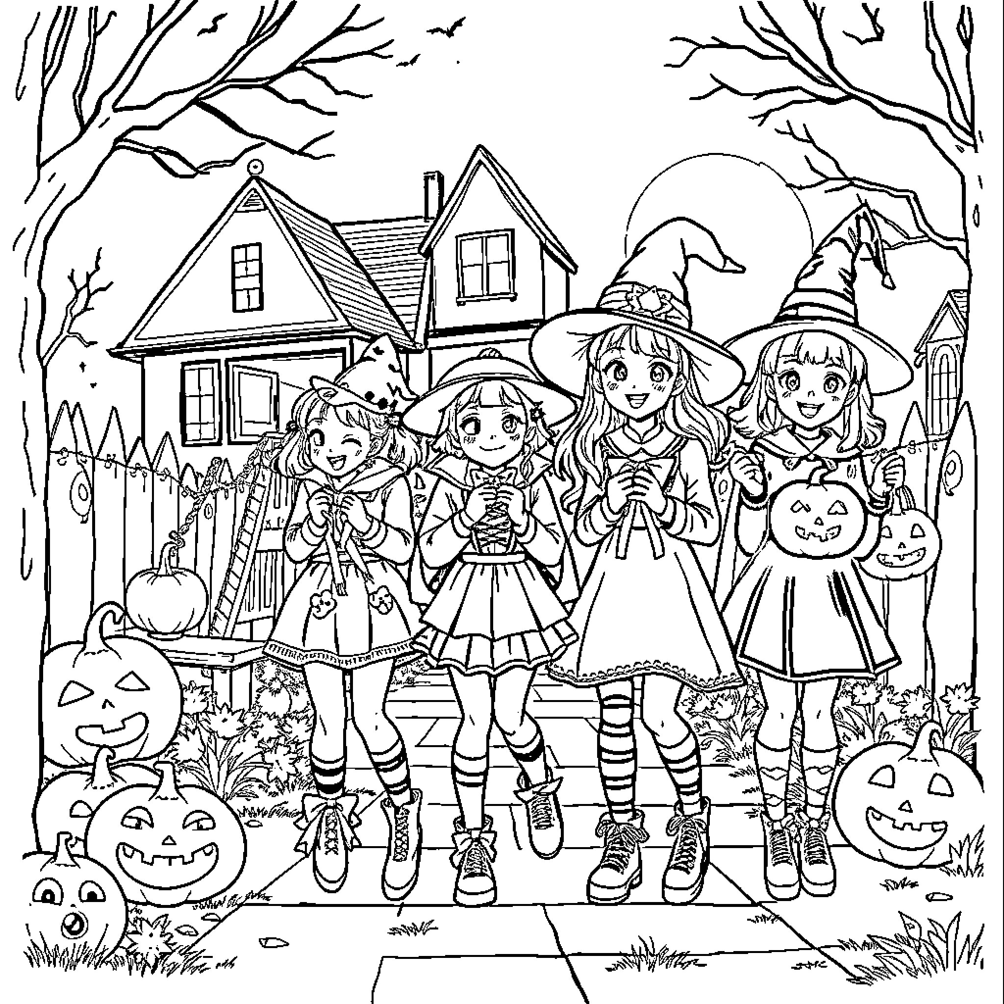 Girls in Halloween costumes trick-or-treating Coloring Page (free black-and-white line drawing printable PDF for all, from beginners to advanced learners, including children, teens, adults, and seniors)