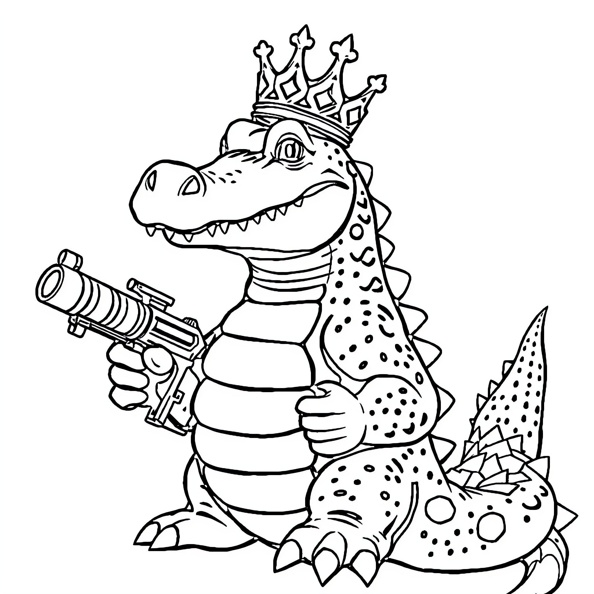 Crocodile Ruler with Laser Blaster Coloring Page (free black-and-white line drawing printable PDF for all, from beginners to advanced learners, including children, teens, adults, and seniors)
