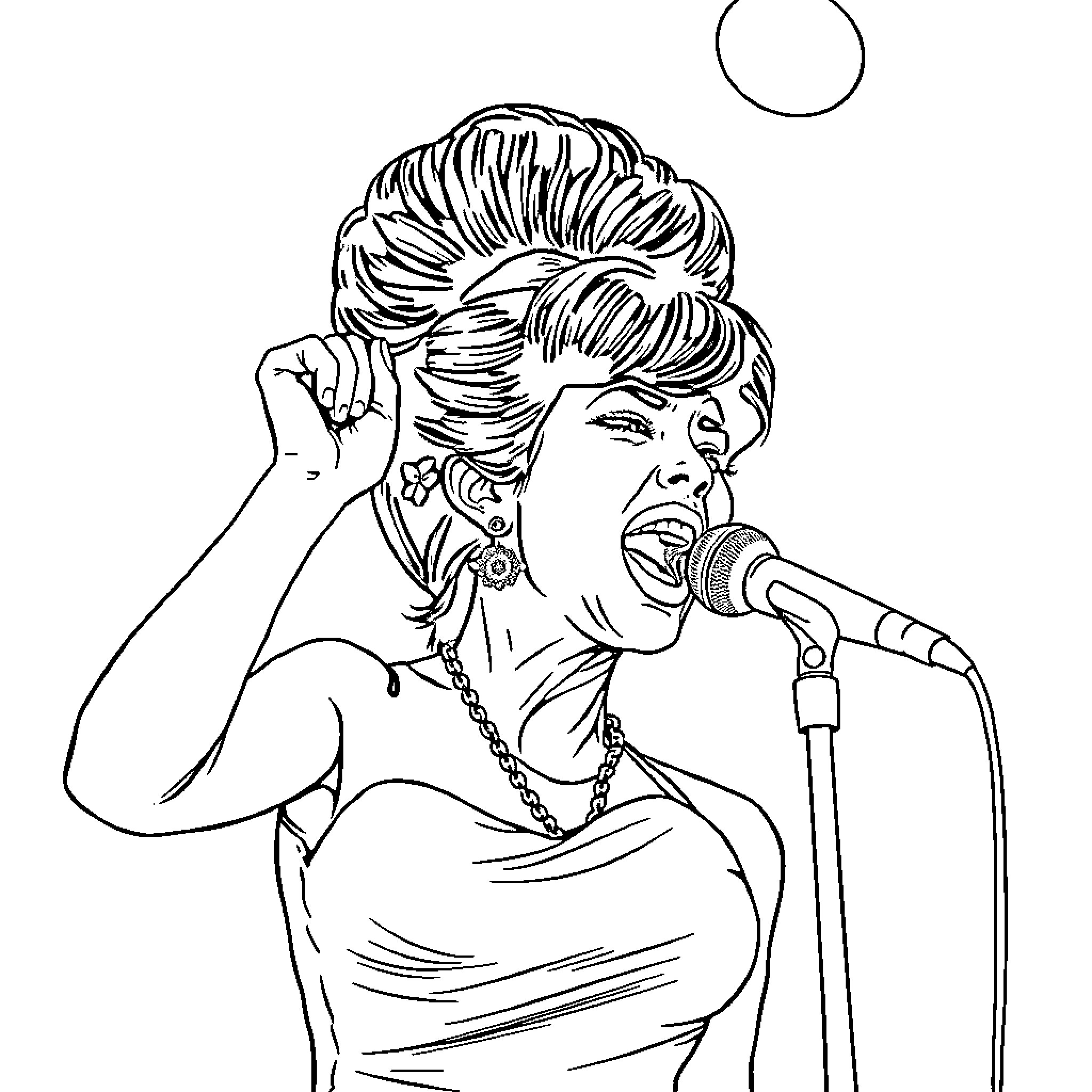 Amy Winehouse performing passionately on stage Coloring Page (free black-and-white line drawing printable PDF for all, from beginners to advanced learners, including children, teens, adults, and seniors)