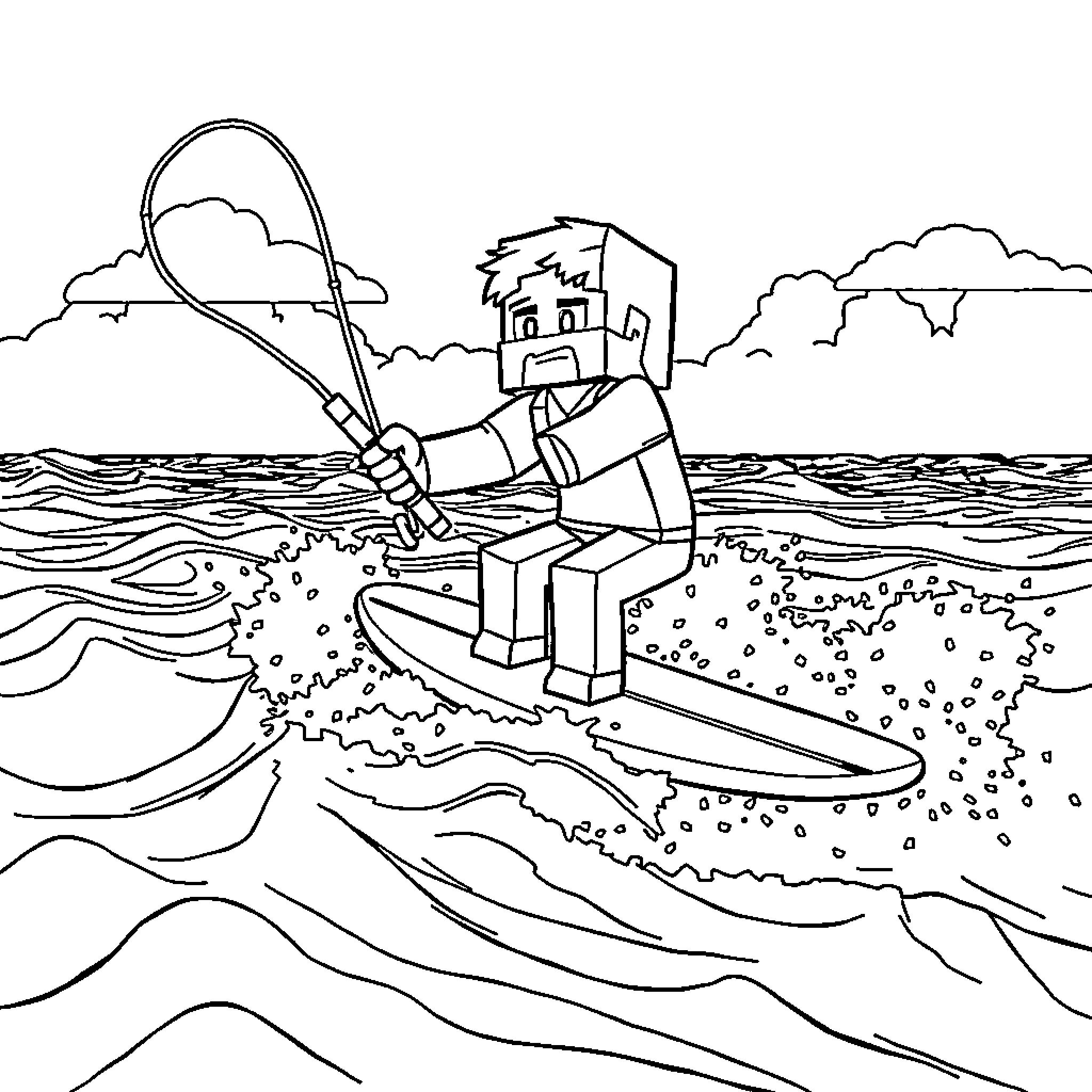 Steve's Fishing Adventure by the Scenic Coastline Coloring Page (free black-and-white line drawing printable PDF for all, from beginners to advanced learners, including children, teens, adults, and seniors)