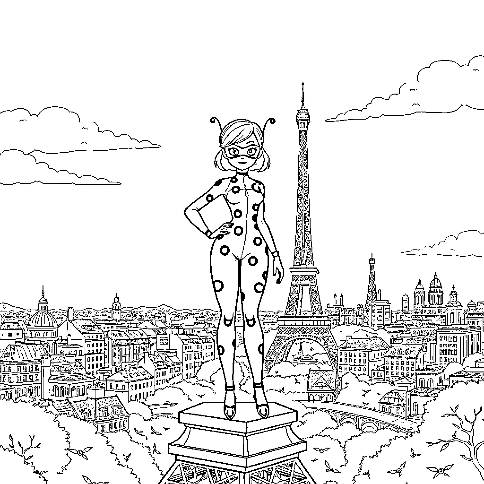 Ladybug poses confidently in the heart of Paris Coloring Page (free black-and-white line drawing printable PDF for all, from beginners to advanced learners, including children, teens, adults, and seniors)