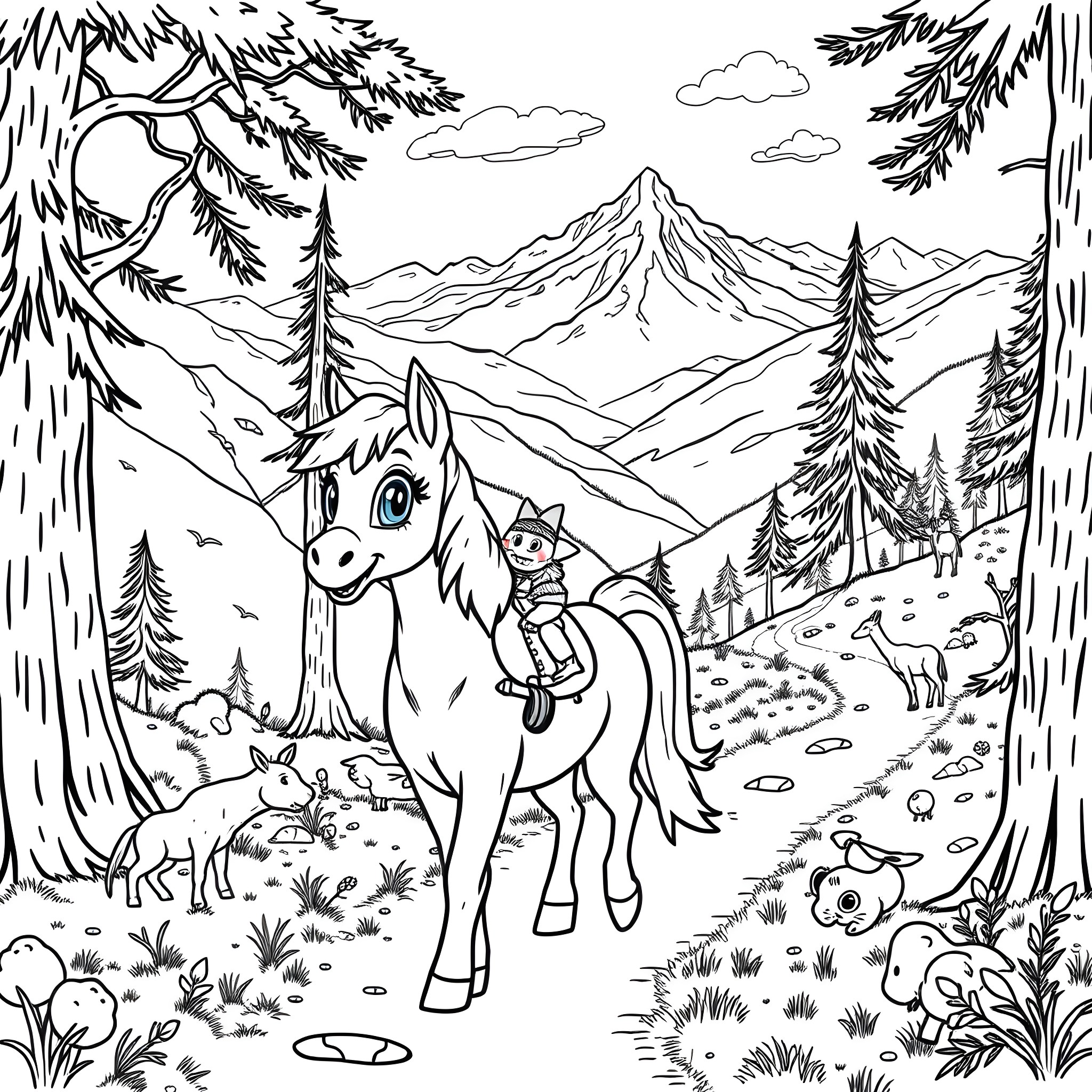 Bluey's Outdoor Adventure in the Enchanted Forest Coloring Page (free black-and-white line drawing printable PDF for all, from beginners to advanced learners, including children, teens, adults, and seniors)