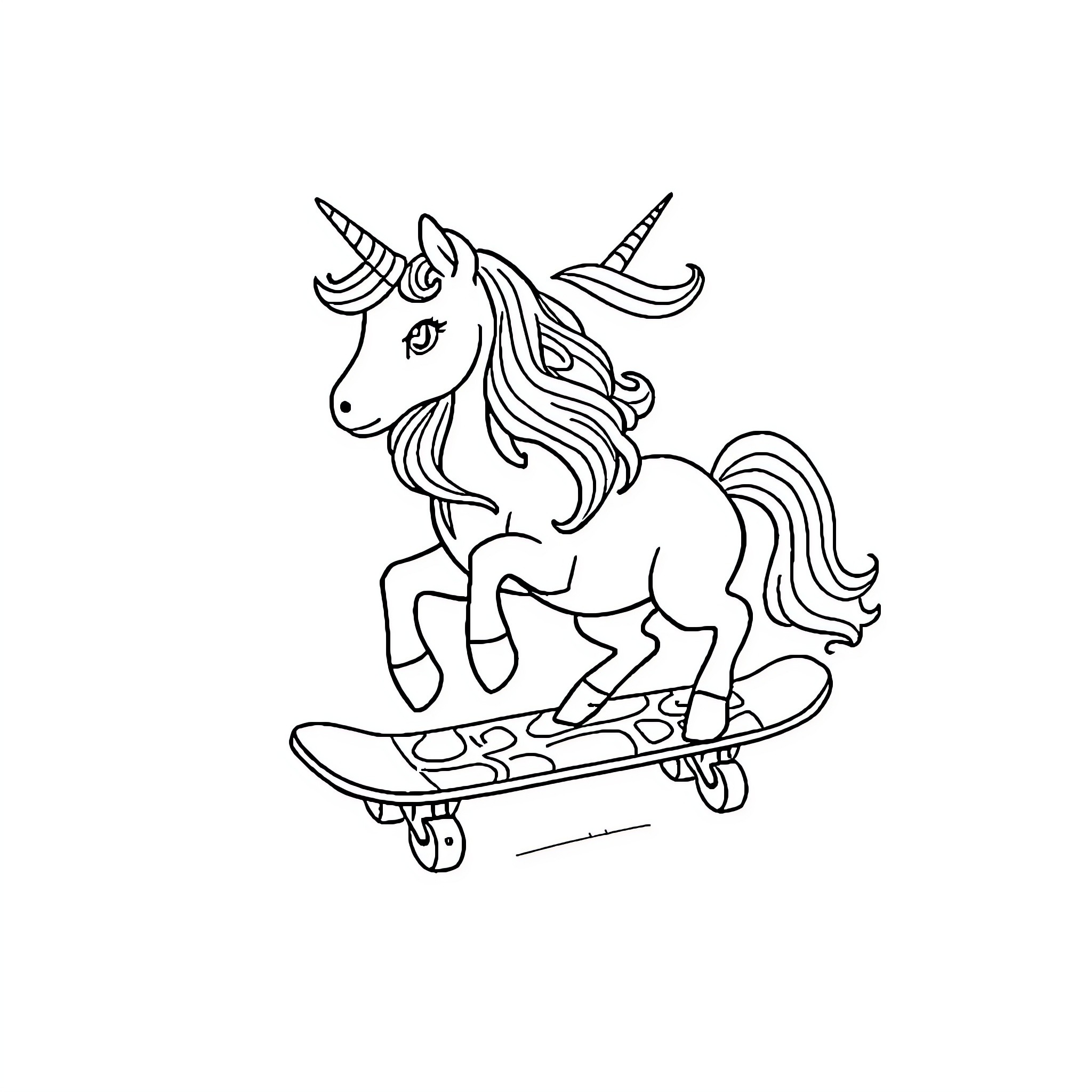 Unicorn riding a skateboard playfully Coloring Page (free black-and-white line drawing printable PDF for all, from beginners to advanced learners, including children, teens, adults, and seniors)