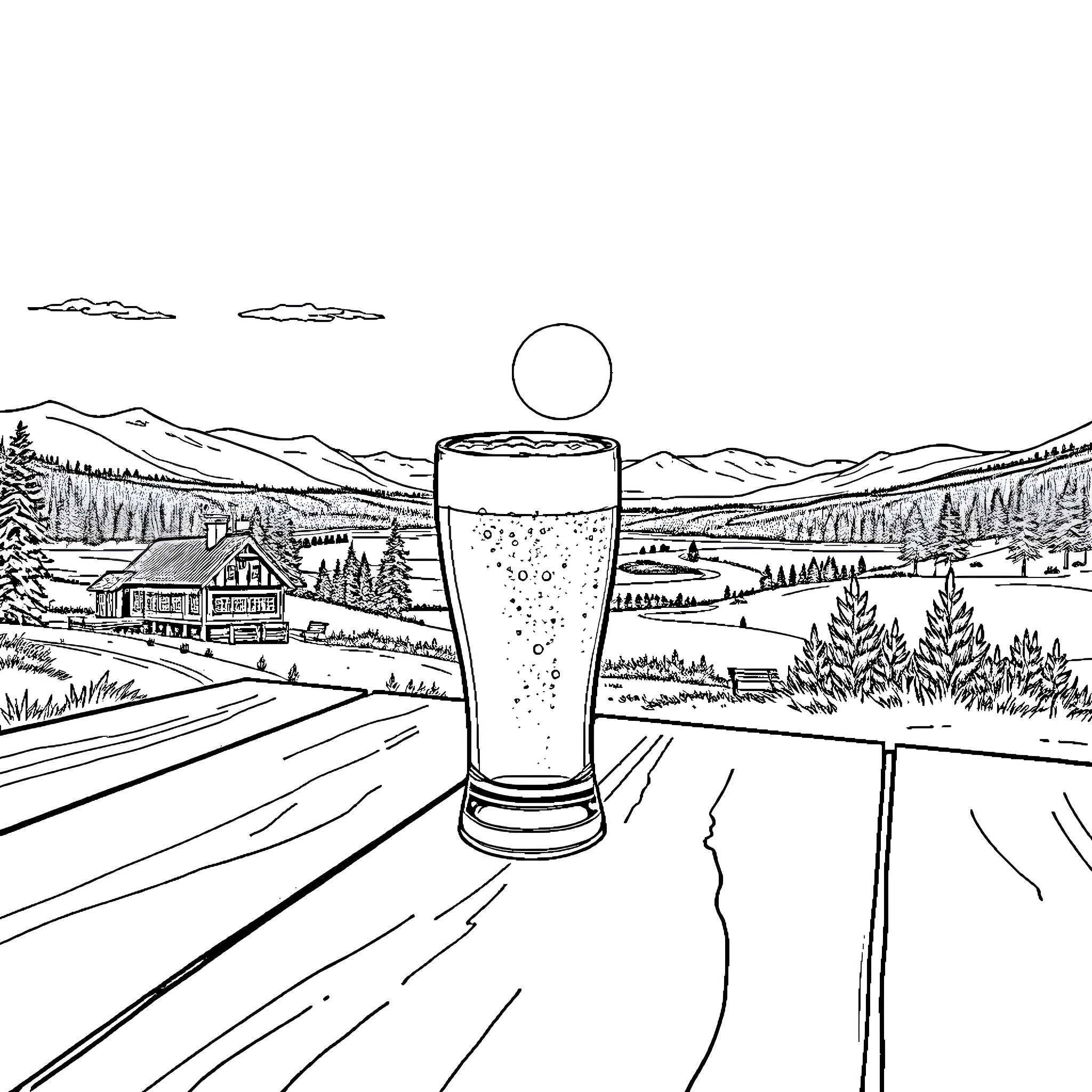 Beer Enjoyed in Peaceful Mountain Landscape Coloring Page (free black-and-white line drawing printable PDF for all, from beginners to advanced learners, including children, teens, adults, and seniors)