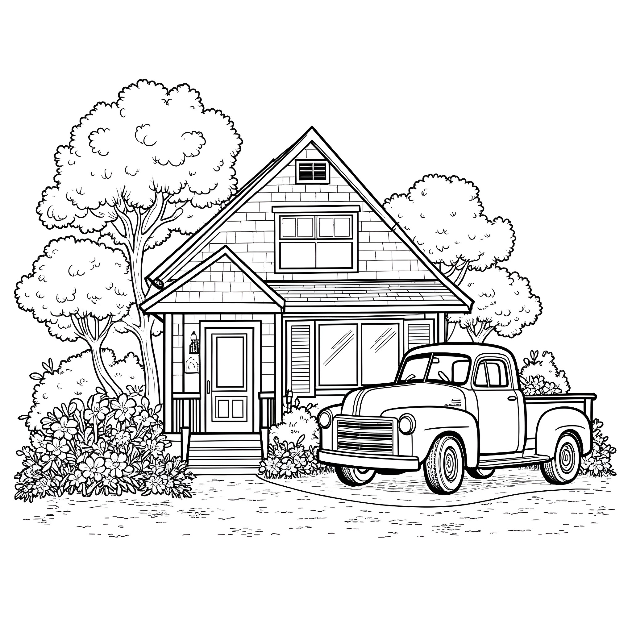 House with vintage truck in the garden Coloring Page (free black-and-white line drawing printable PDF for all, from beginners to advanced learners, including children, teens, adults, and seniors)