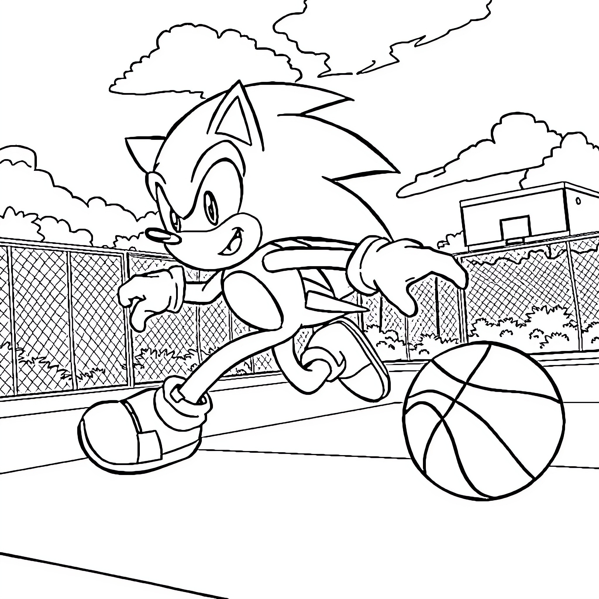 Sonic running with a basketball on the court Coloring Page (free black-and-white line drawing printable PDF for all, from beginners to advanced learners, including children, teens, adults, and seniors)