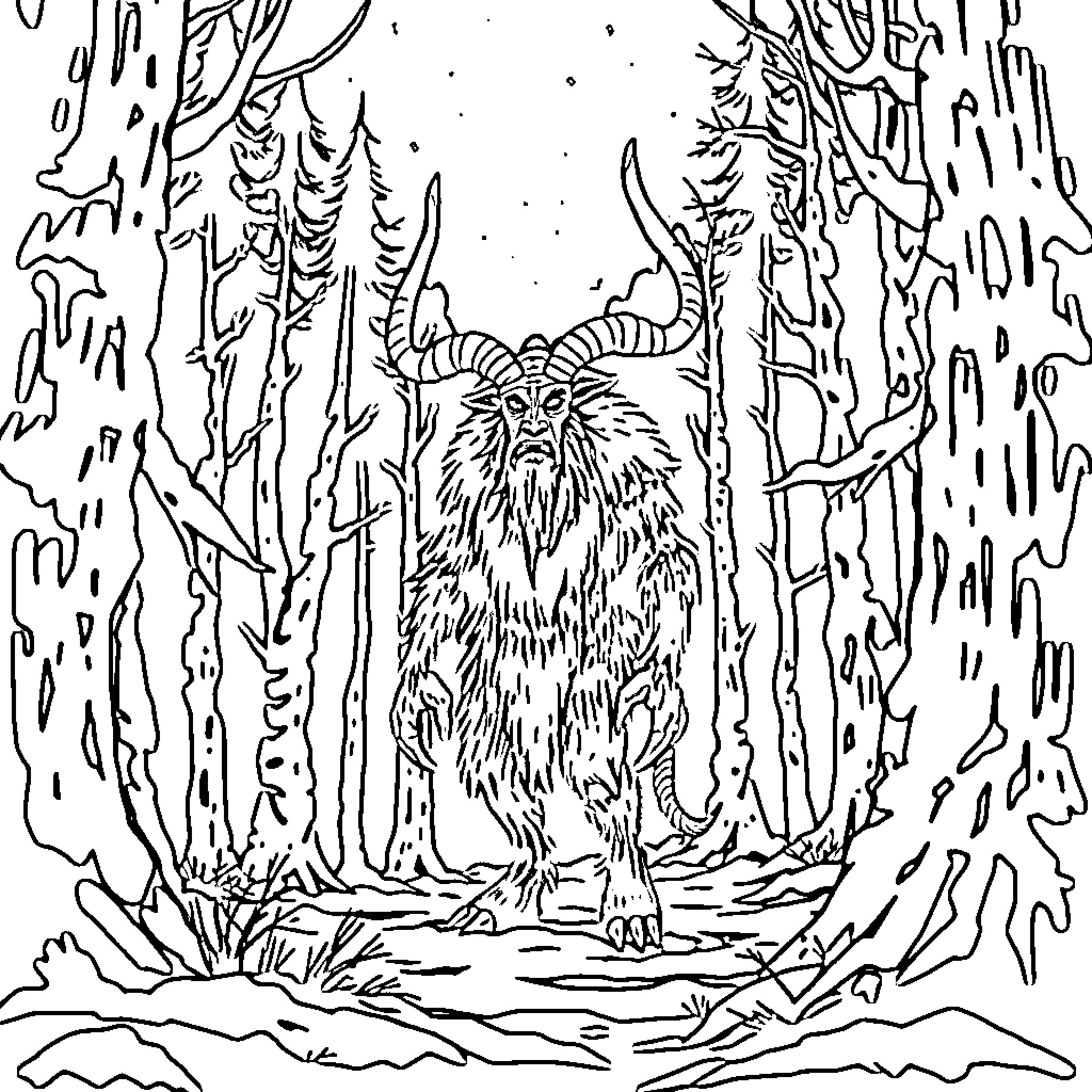 Krampus, the Mythical Creature, in a Wintry Forest Coloring Page (free black-and-white line drawing printable PDF for all, from beginners to advanced learners, including children, teens, adults, and seniors)