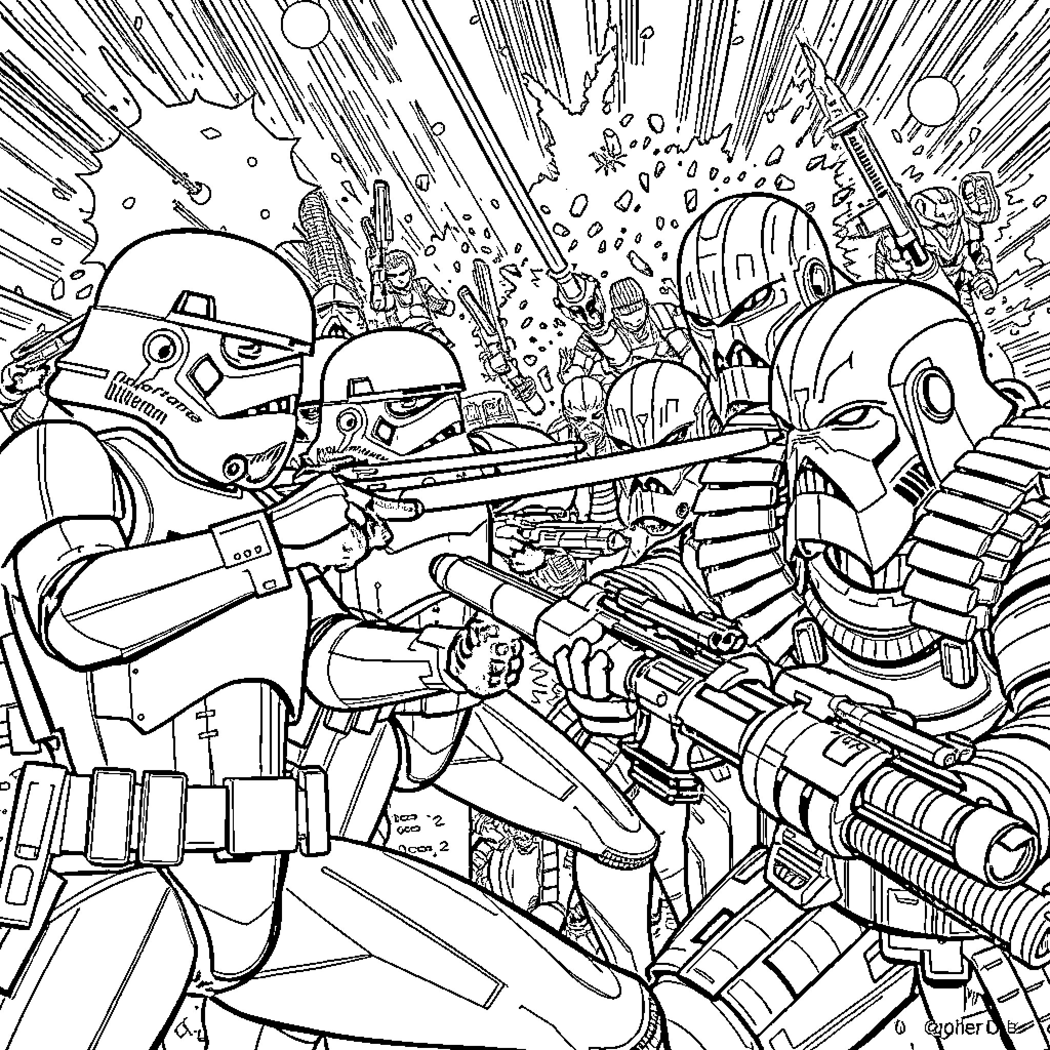 Stormtroopers in a chaotic battle scene Coloring Page (free black-and-white line drawing printable PDF for all, from beginners to advanced learners, including children, teens, adults, and seniors)