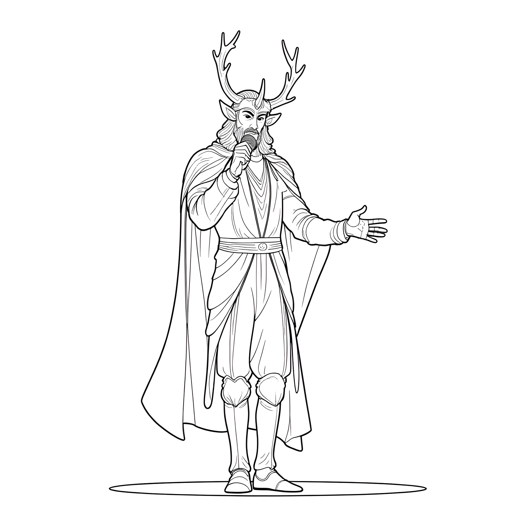 Loki the Mischievous Deity in Ceremonial Attire Coloring Page (free black-and-white line drawing printable PDF for all, from beginners to advanced learners, including children, teens, adults, and seniors)