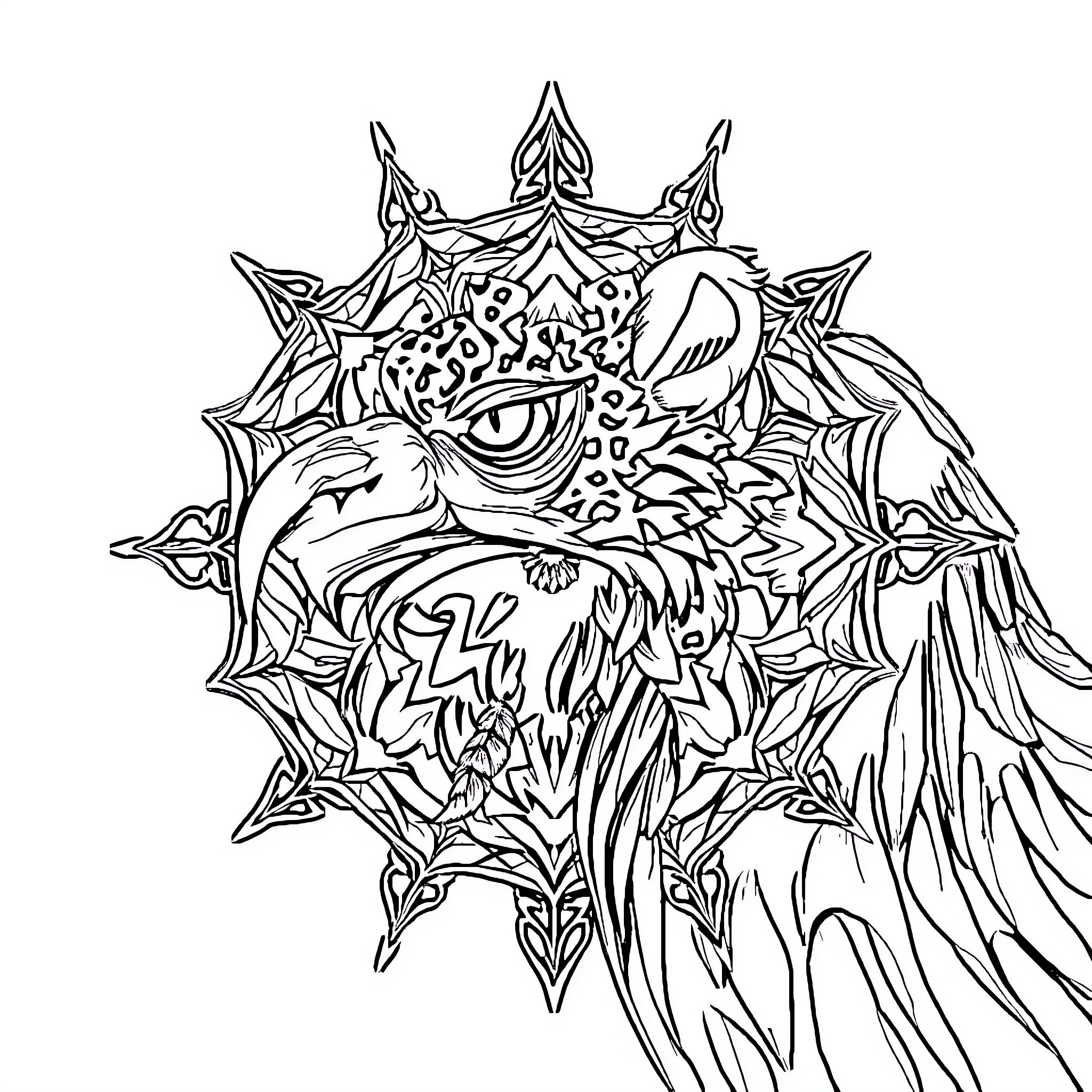 Avocado creature with intricate patterns and designs Coloring Page (free black-and-white line drawing printable PDF for all, from beginners to advanced learners, including children, teens, adults, and seniors)
