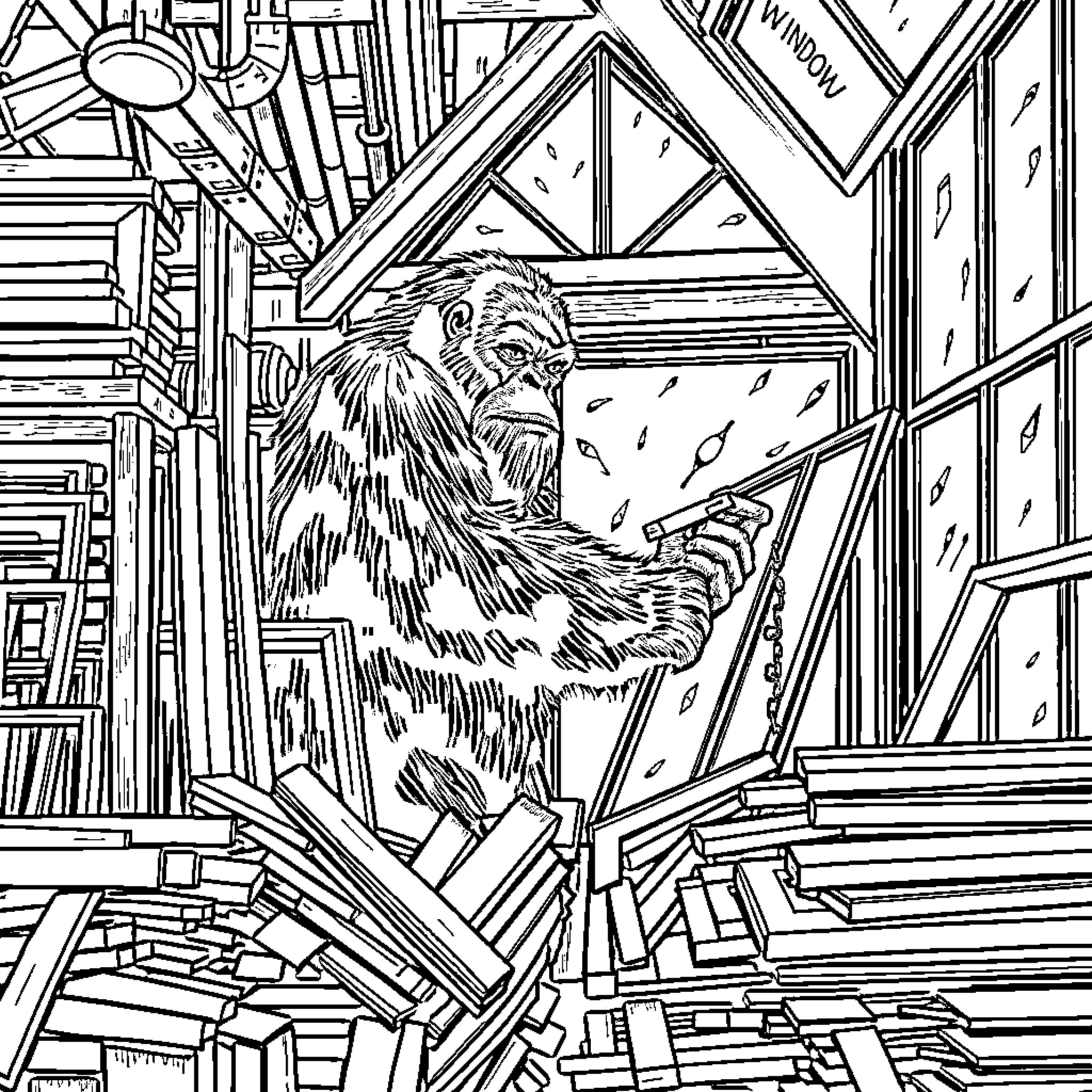 Bigfoot Exploring a Chaotic Library Coloring Page (free black-and-white line drawing printable PDF for all, from beginners to advanced learners, including children, teens, adults, and seniors)
