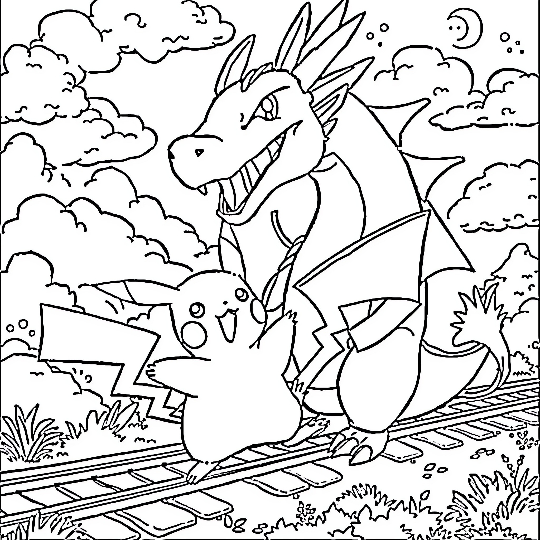 Pikachu chasing an excited dragon in a cloudy landscape Coloring Page (free black-and-white line drawing printable PDF for all, from beginners to advanced learners, including children, teens, adults, and seniors)