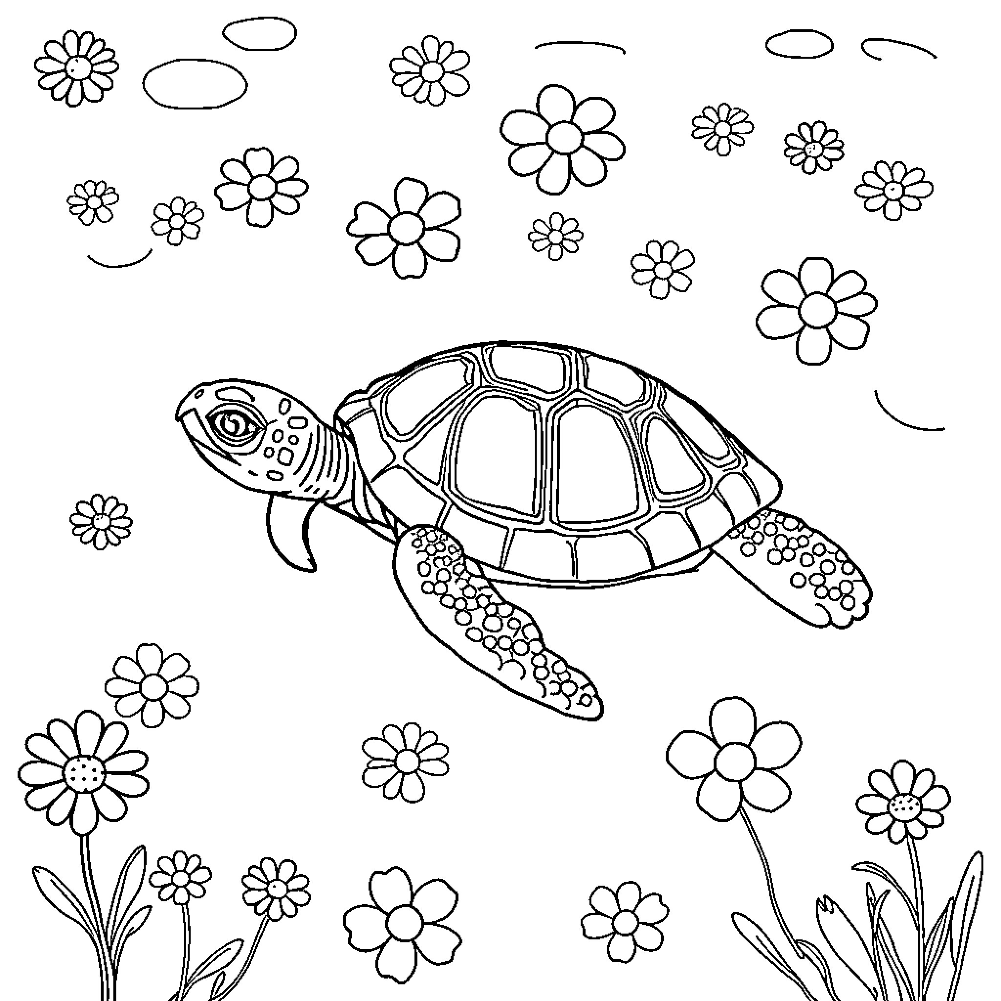 Turtle swimming amidst flowers Coloring Page (free black-and-white line drawing printable PDF for all, from beginners to advanced learners, including children, teens, adults, and seniors)
