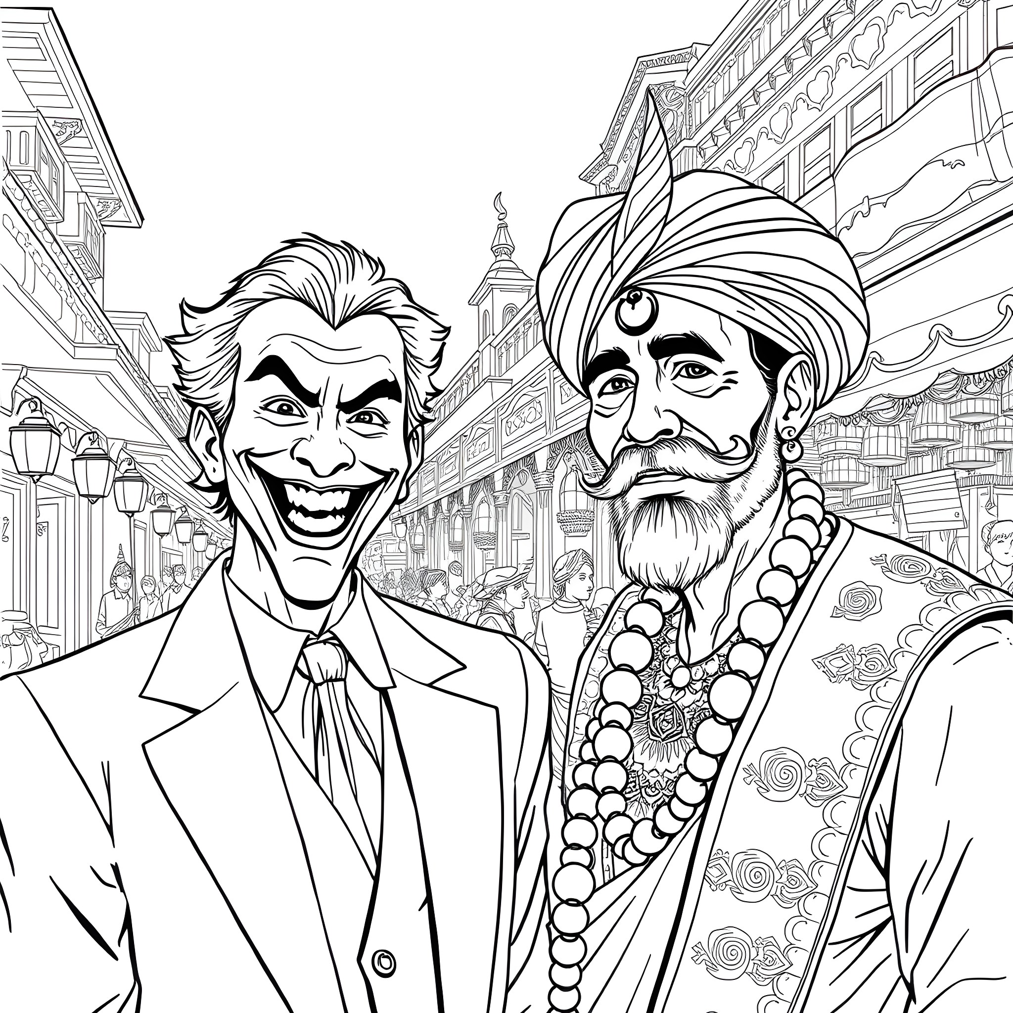 Joker and Quirky Companion in Lively City Scene Coloring Page (free black-and-white line drawing printable PDF for all, from beginners to advanced learners, including children, teens, adults, and seniors)