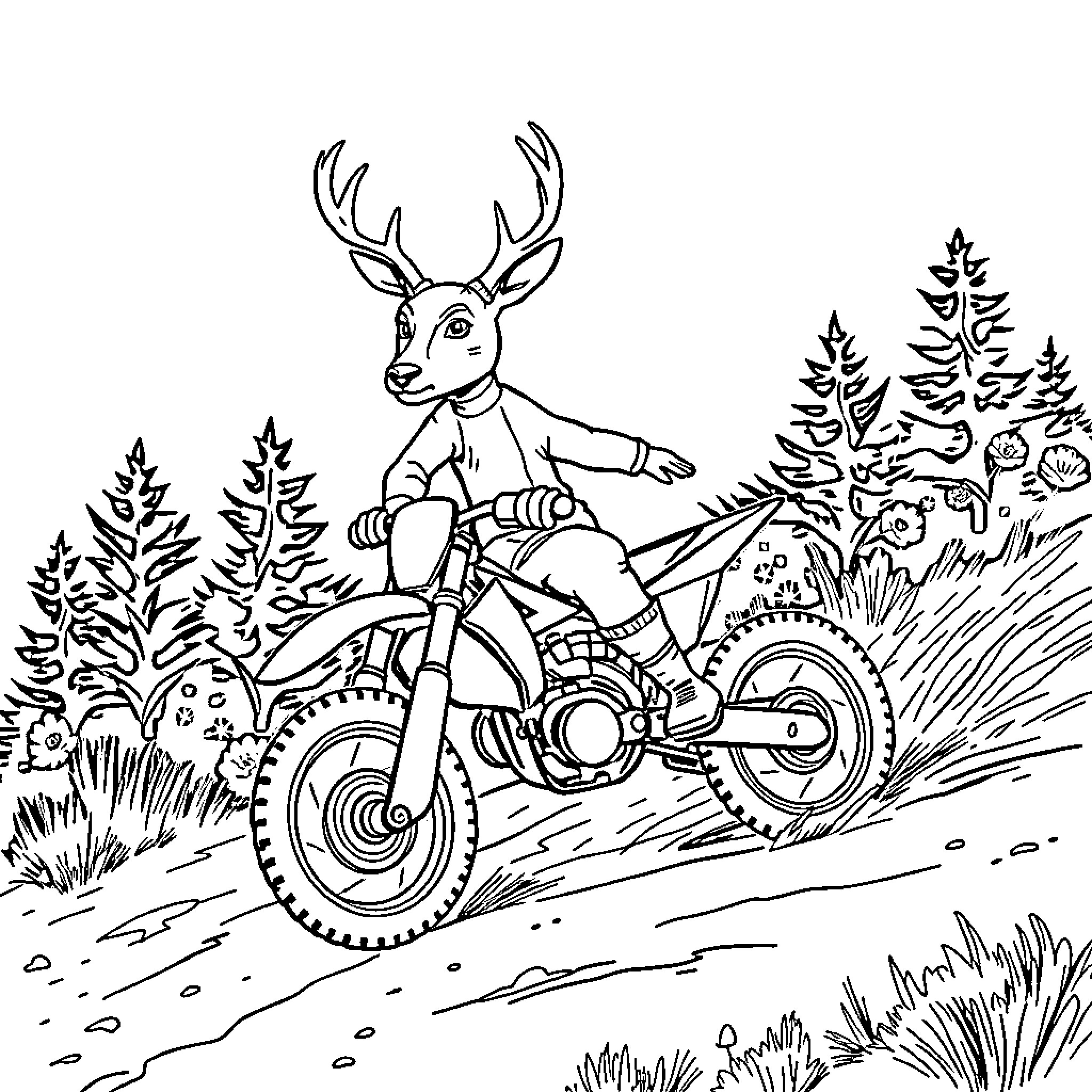 Deer riding a motorcycle through the forest Coloring Page (free black-and-white line drawing printable PDF for all, from beginners to advanced learners, including children, teens, adults, and seniors)