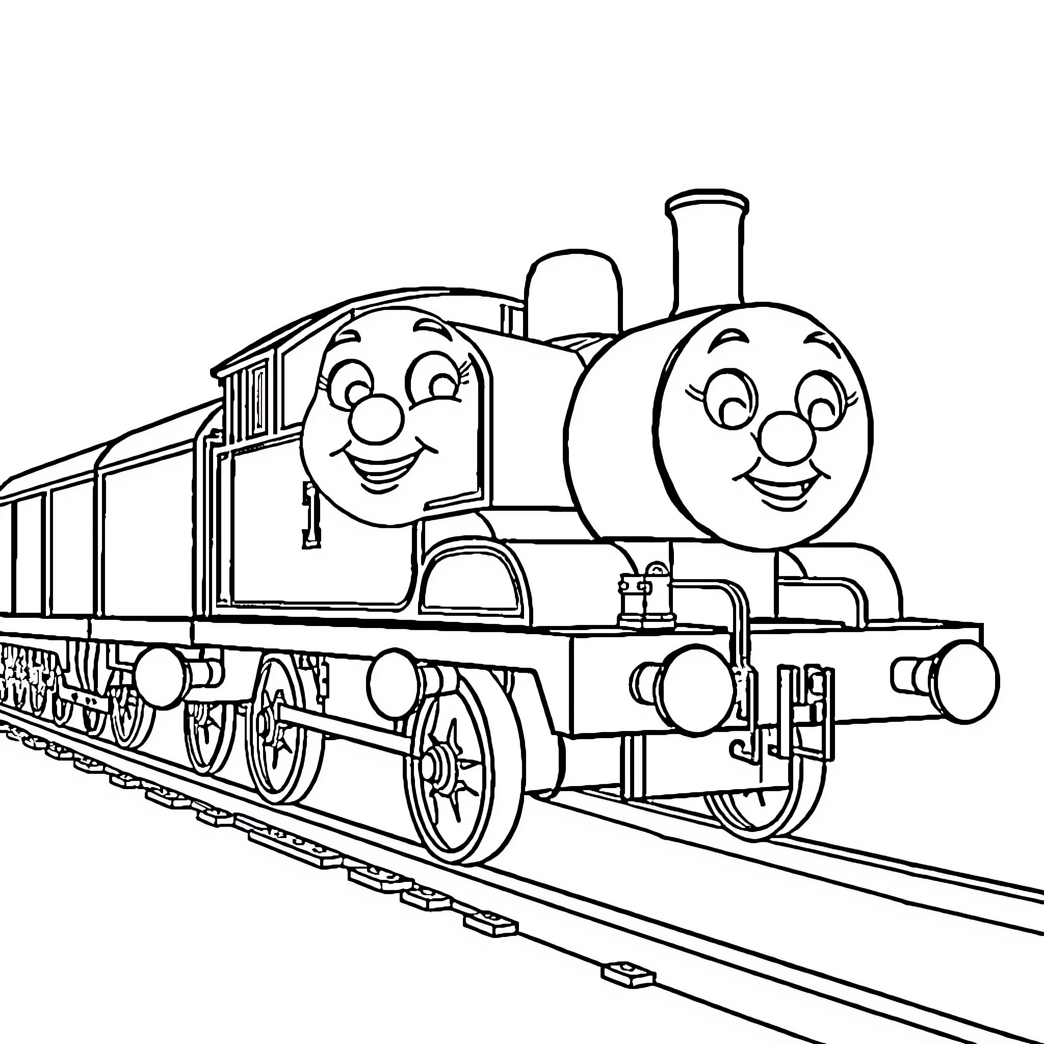 Thomas the happy train engine on the tracks Coloring Page (free black-and-white line drawing printable PDF for all, from beginners to advanced learners, including children, teens, adults, and seniors)