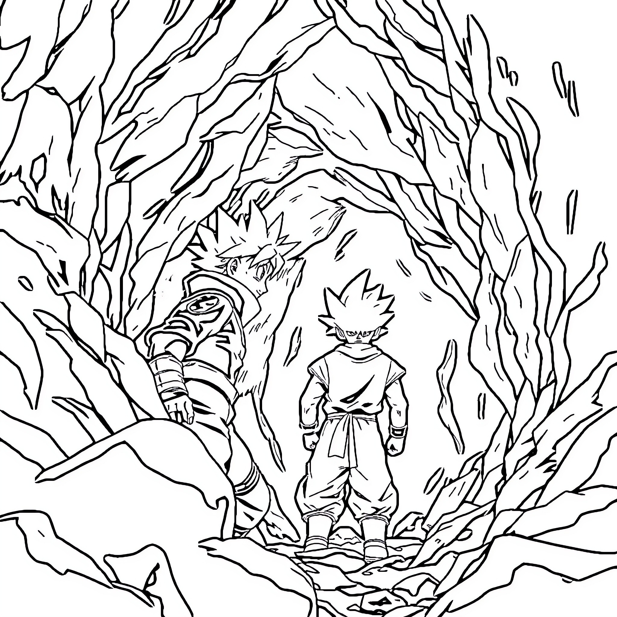 Naruto characters in a forest landscape Coloring Page (free black-and-white line drawing printable PDF for all, from beginners to advanced learners, including children, teens, adults, and seniors)