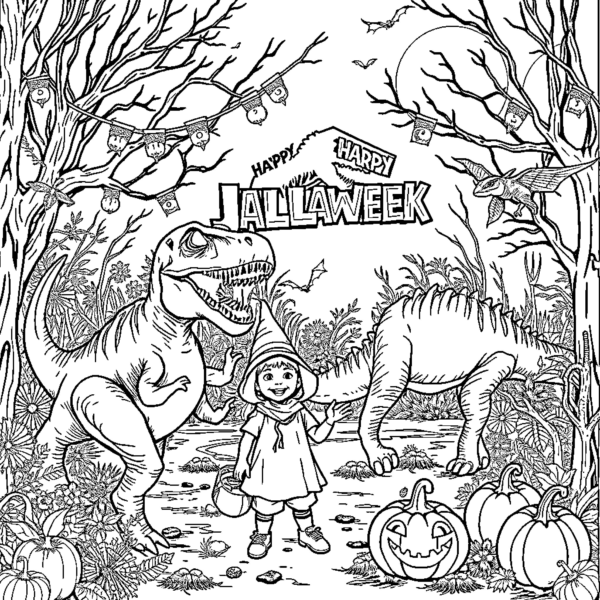 Jurassic Park Halloween Adventure Coloring Page (free black-and-white line drawing printable PDF for all, from beginners to advanced learners, including children, teens, adults, and seniors)