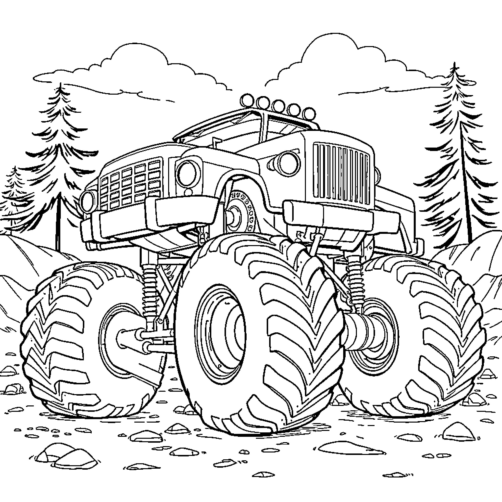 Monster Truck Navigating Through the Rugged Terrain Coloring Page (free black-and-white line drawing printable PDF for all, from beginners to advanced learners, including children, teens, adults, and seniors)