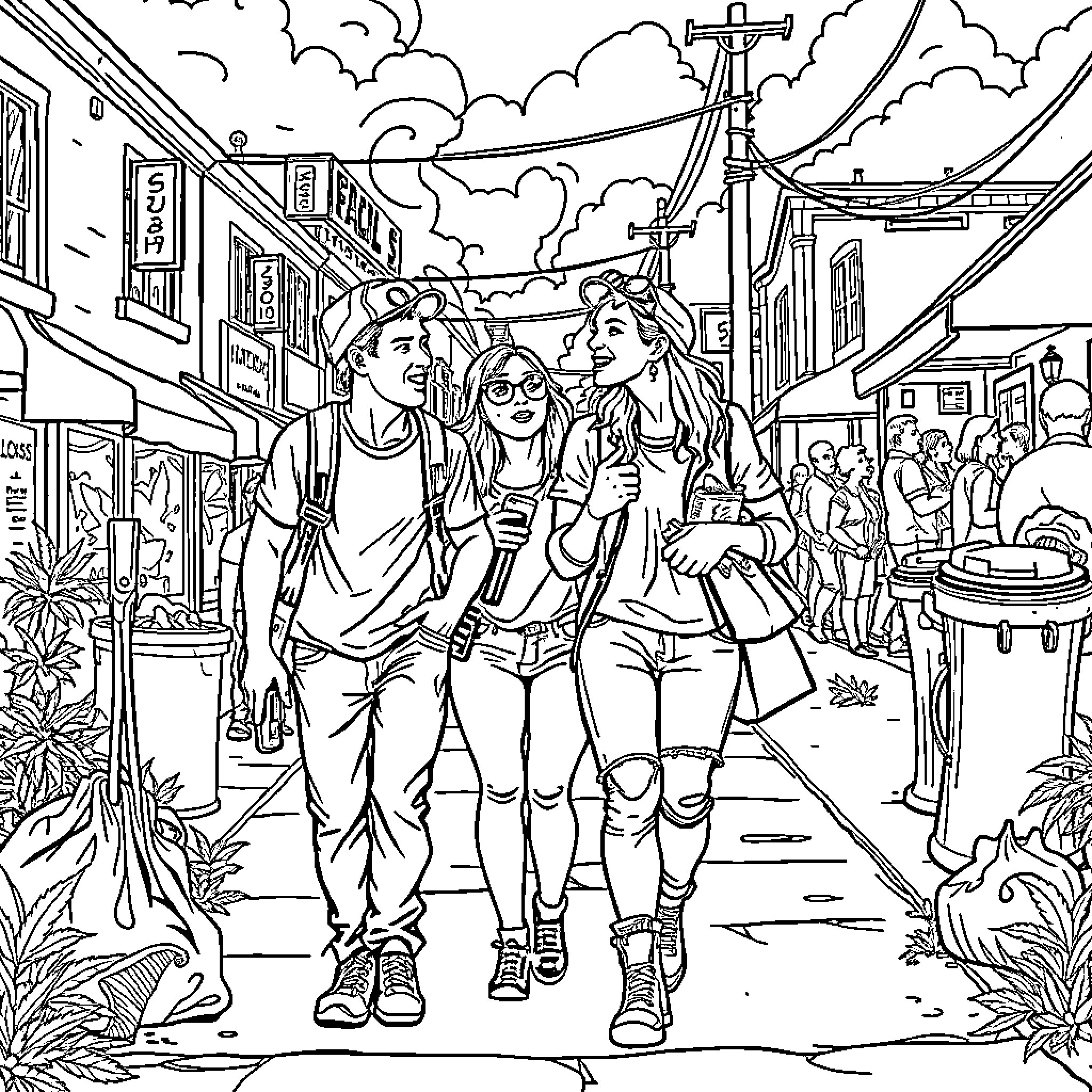 Friend's Joyful Stroll through a Vibrant Town Coloring Page (free black-and-white line drawing printable PDF for all, from beginners to advanced learners, including children, teens, adults, and seniors)