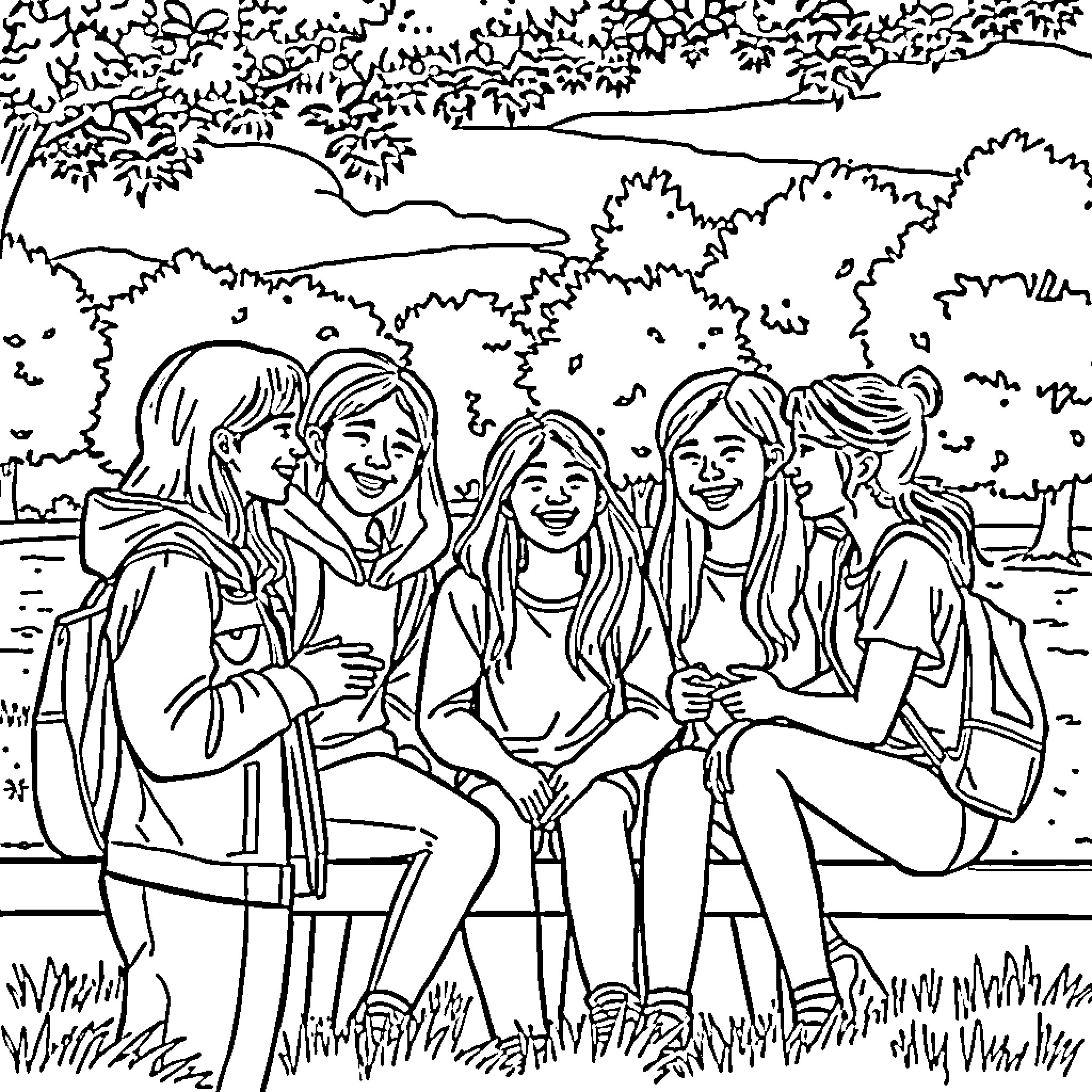 Teenagers enjoying outdoor activities in nature Coloring Page (free black-and-white line drawing printable PDF for all, from beginners to advanced learners, including children, teens, adults, and seniors)
