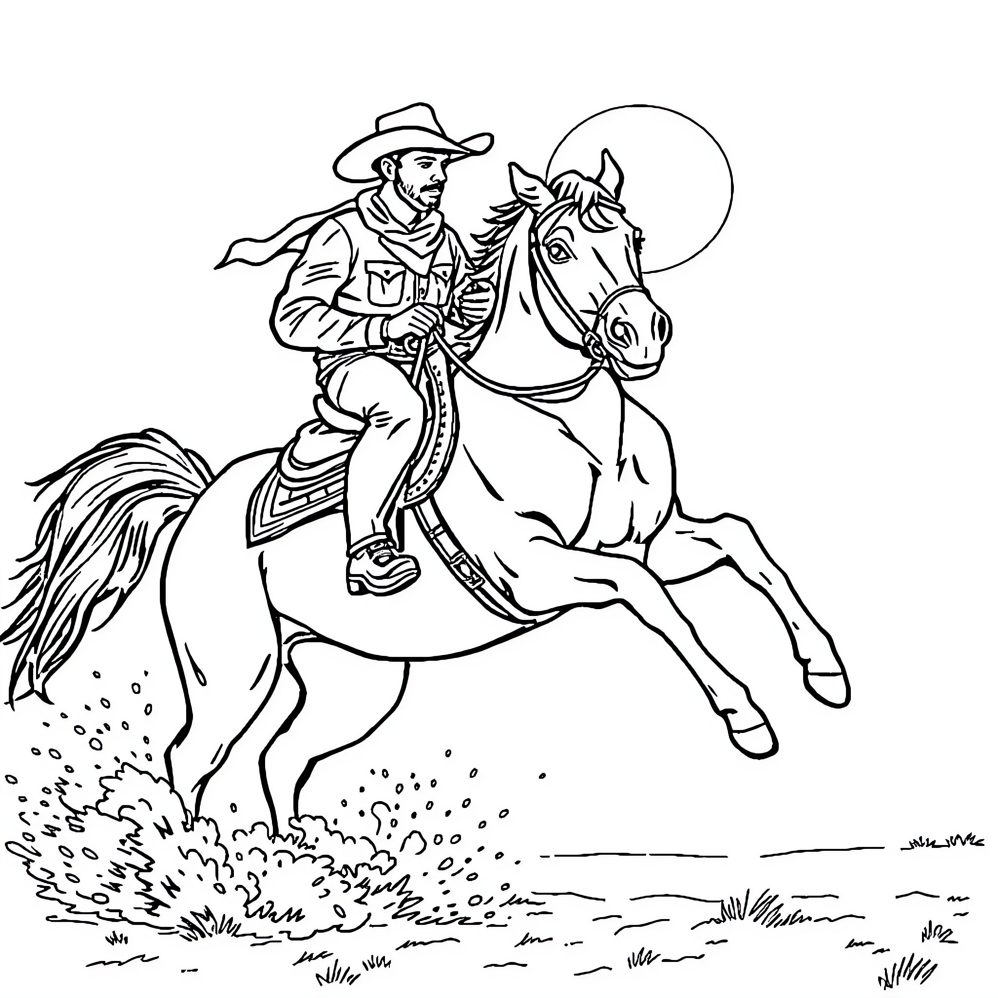 Cowboy riding his horse across the open field Coloring Page (free black-and-white line drawing printable PDF for all, from beginners to advanced learners, including children, teens, adults, and seniors)