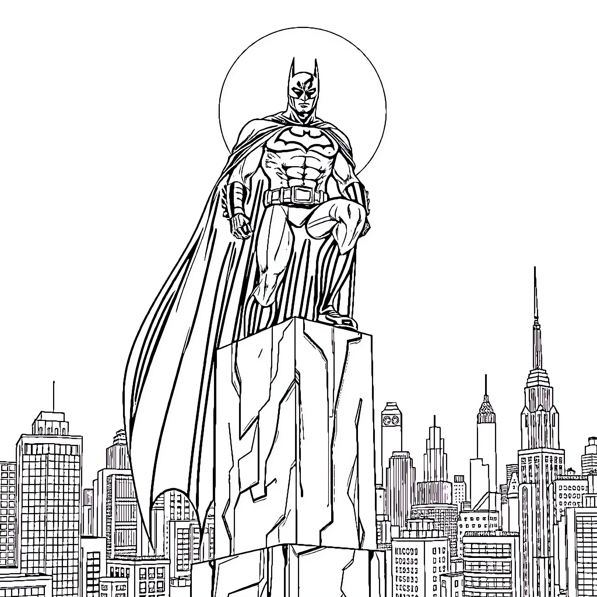 Batman, the Caped Crusader, protects the city skyline Coloring Page (free black-and-white line drawing printable PDF for all, from beginners to advanced learners, including children, teens, adults, and seniors)