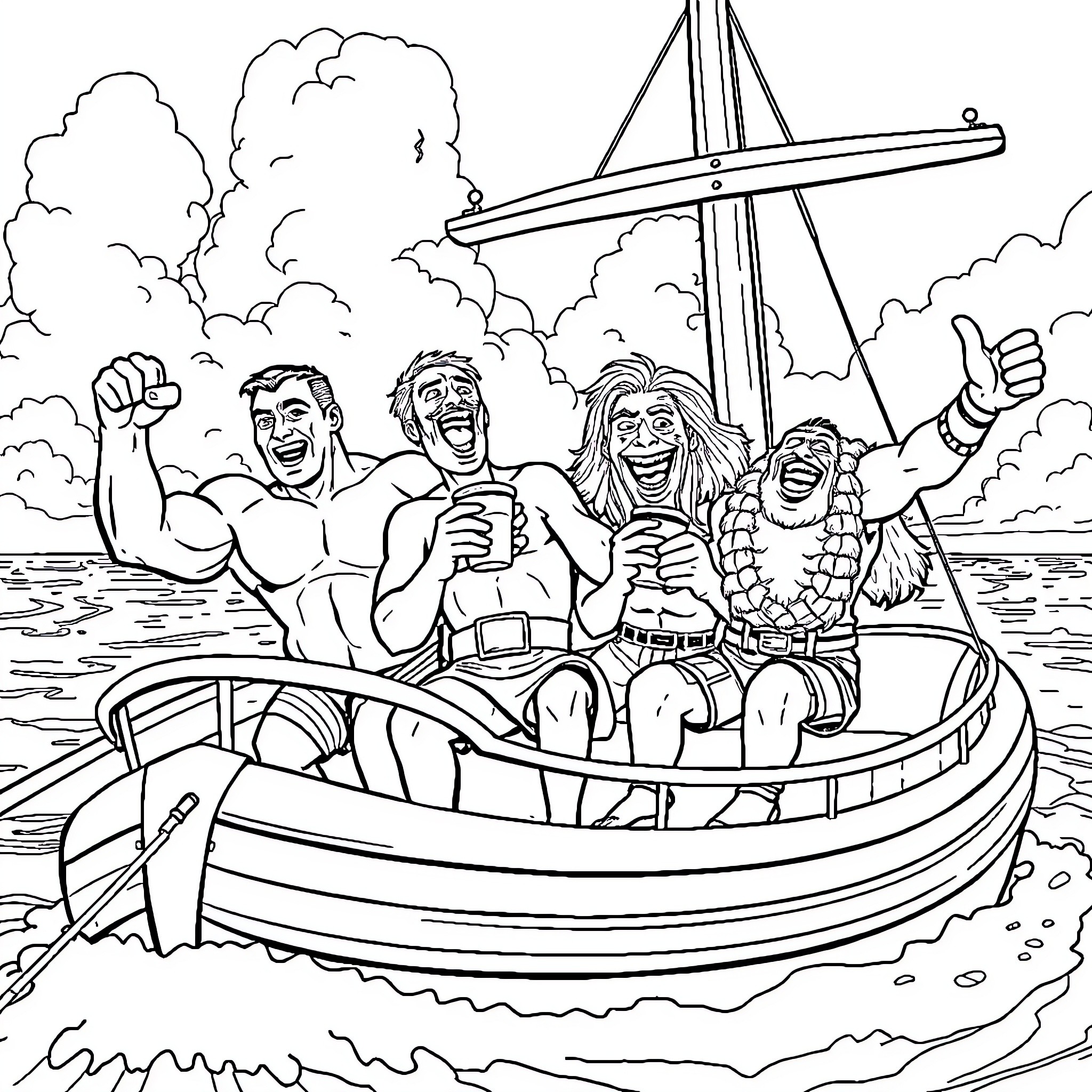 Character Cheers in Boat on the Water Coloring Page (free black-and-white line drawing printable PDF for all, from beginners to advanced learners, including children, teens, adults, and seniors)