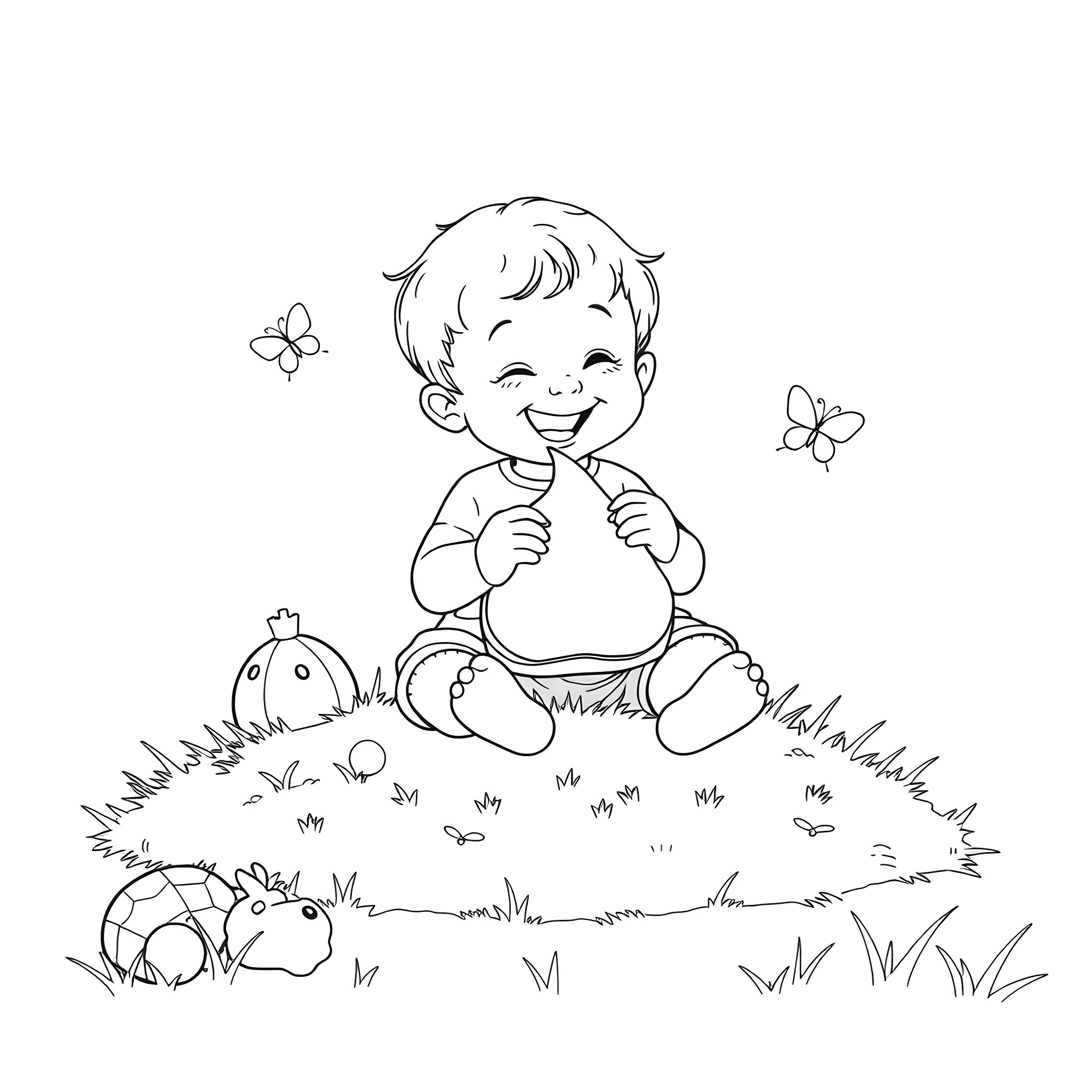 Baby playing with butterflies in the meadow Coloring Page (free black-and-white line drawing printable PDF for all, from beginners to advanced learners, including children, teens, adults, and seniors)
