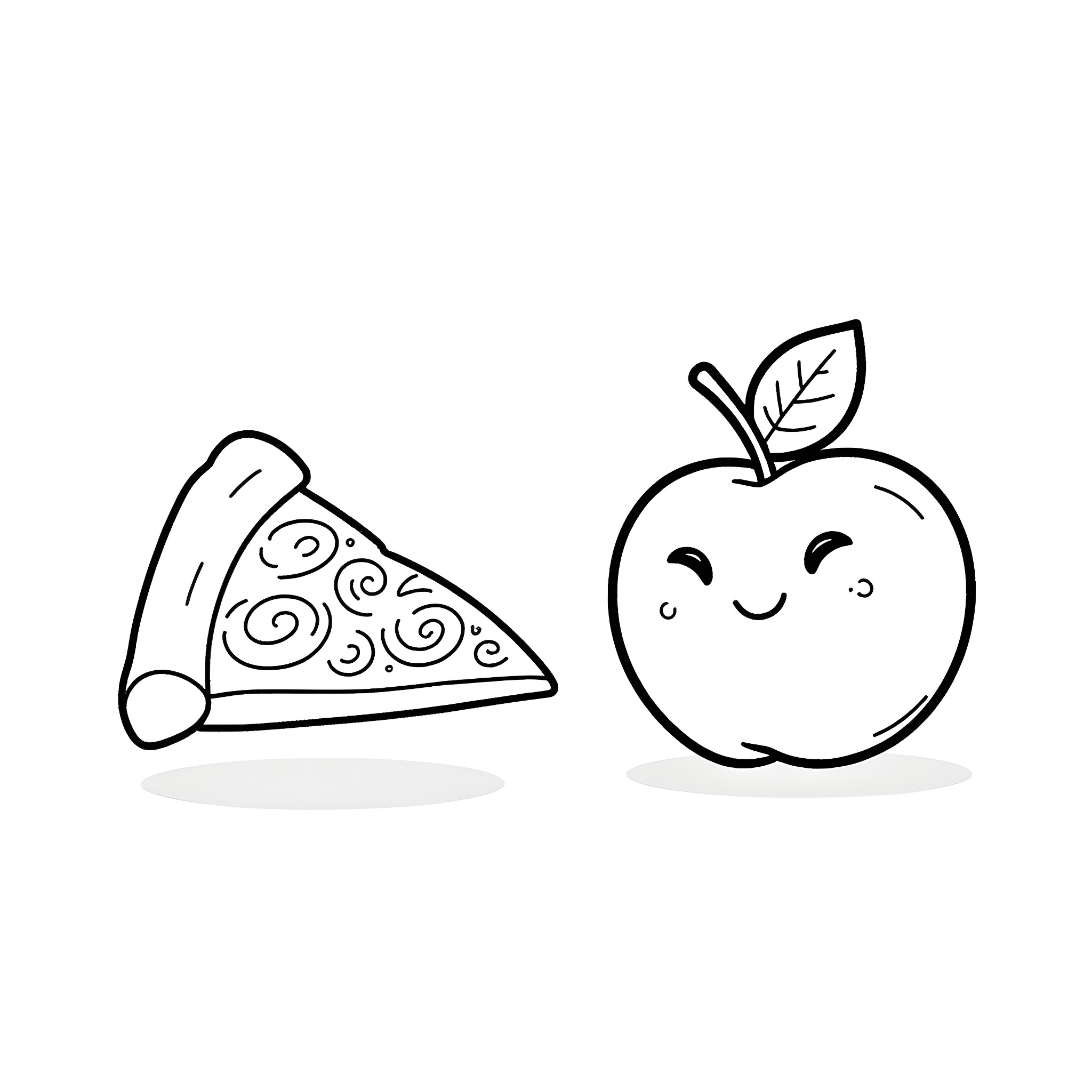 Pizza and smiling apple Coloring Page (free black-and-white line drawing printable PDF for all, from beginners to advanced learners, including children, teens, adults, and seniors)