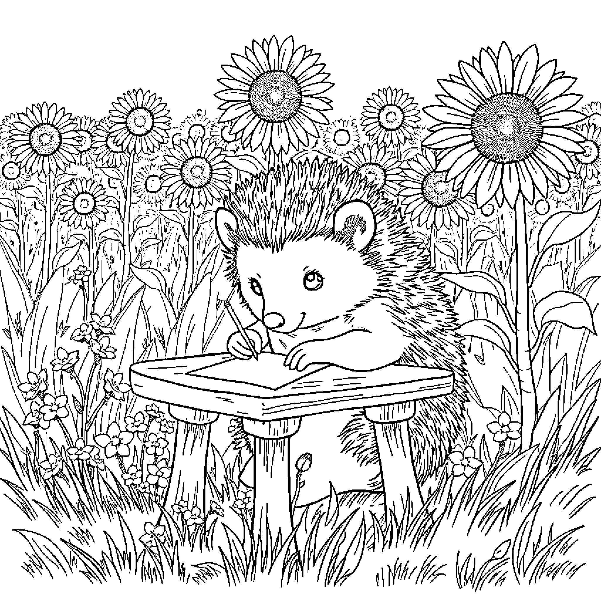 Hedgehog writing in a field of sunflowers Coloring Page (free black-and-white line drawing printable PDF for all, from beginners to advanced learners, including children, teens, adults, and seniors)