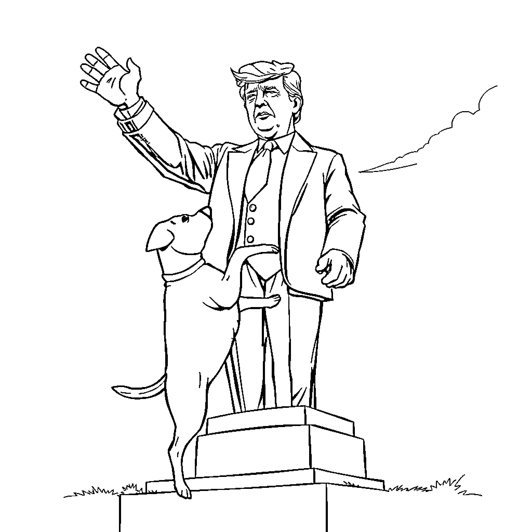 Dog Statue Honoring Politician with Raised Hand Coloring Page (free black-and-white line drawing printable PDF for all, from beginners to advanced learners, including children, teens, adults, and seniors)