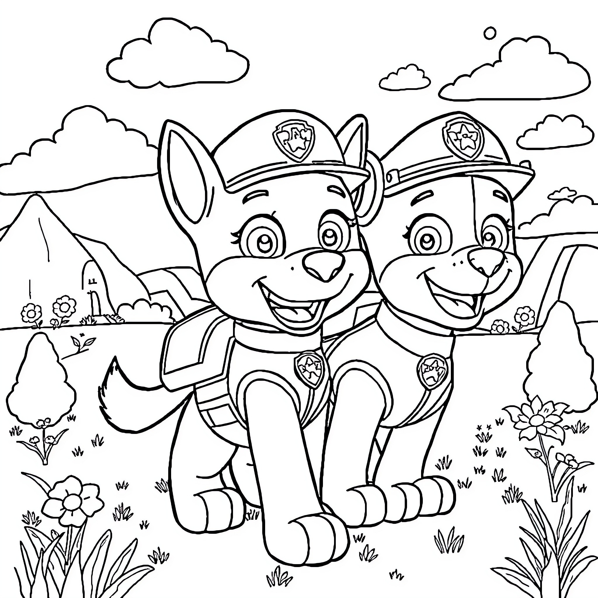 Paw Patrol pups exploring the great outdoors Coloring Page (free black-and-white line drawing printable PDF for all, from beginners to advanced learners, including children, teens, adults, and seniors)