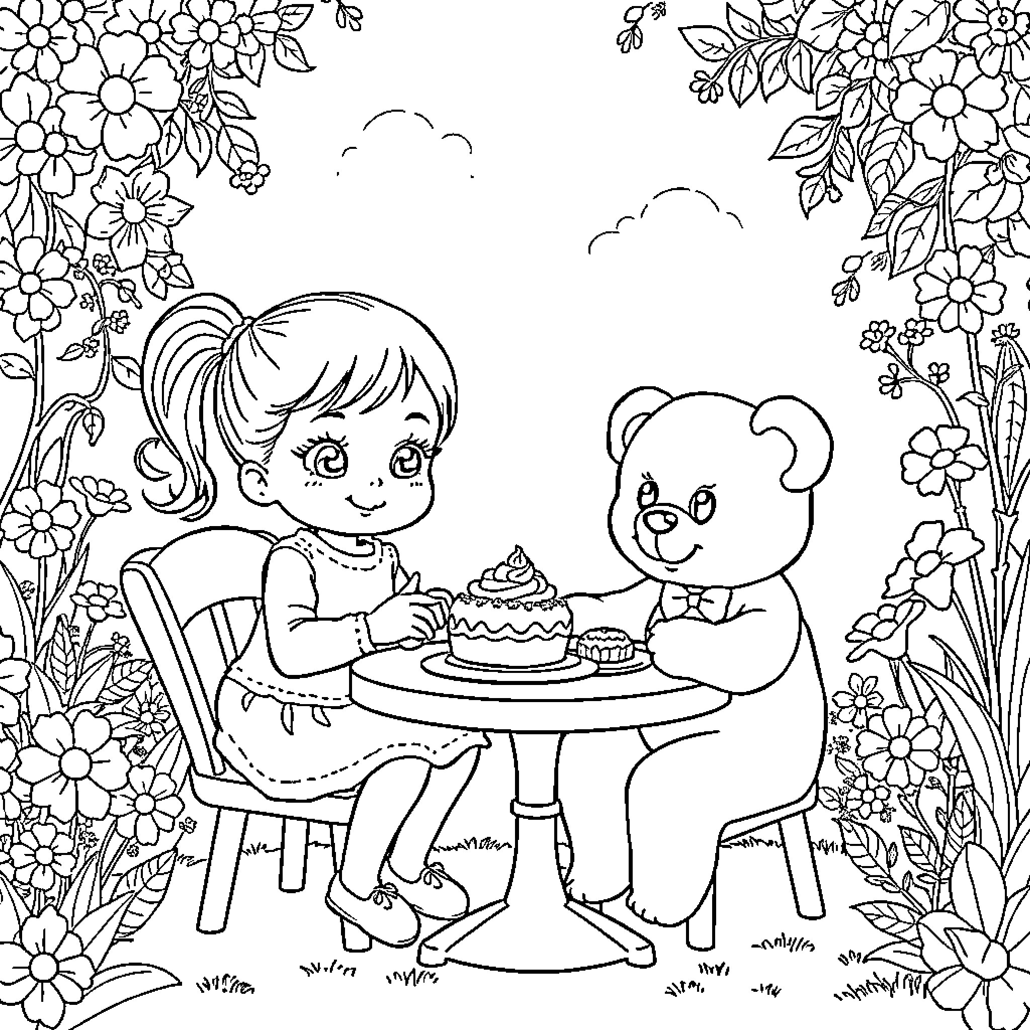 Girl enjoying a tea party with her teddy bear Coloring Page (free black-and-white line drawing printable PDF for all, from beginners to advanced learners, including children, teens, adults, and seniors)