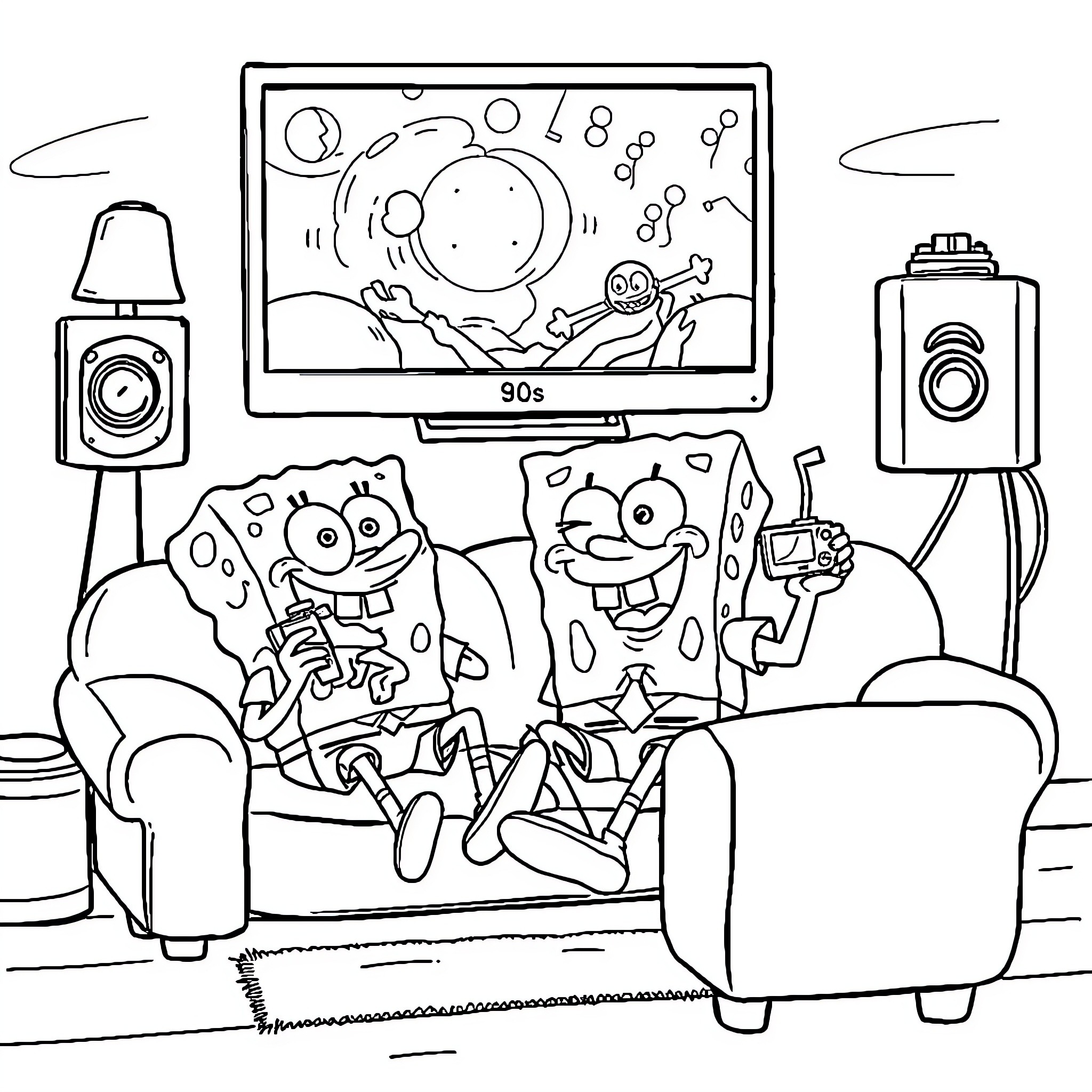 Spongebob and friends enjoying the 90s TV show Coloring Page (free black-and-white line drawing printable PDF for all, from beginners to advanced learners, including children, teens, adults, and seniors)