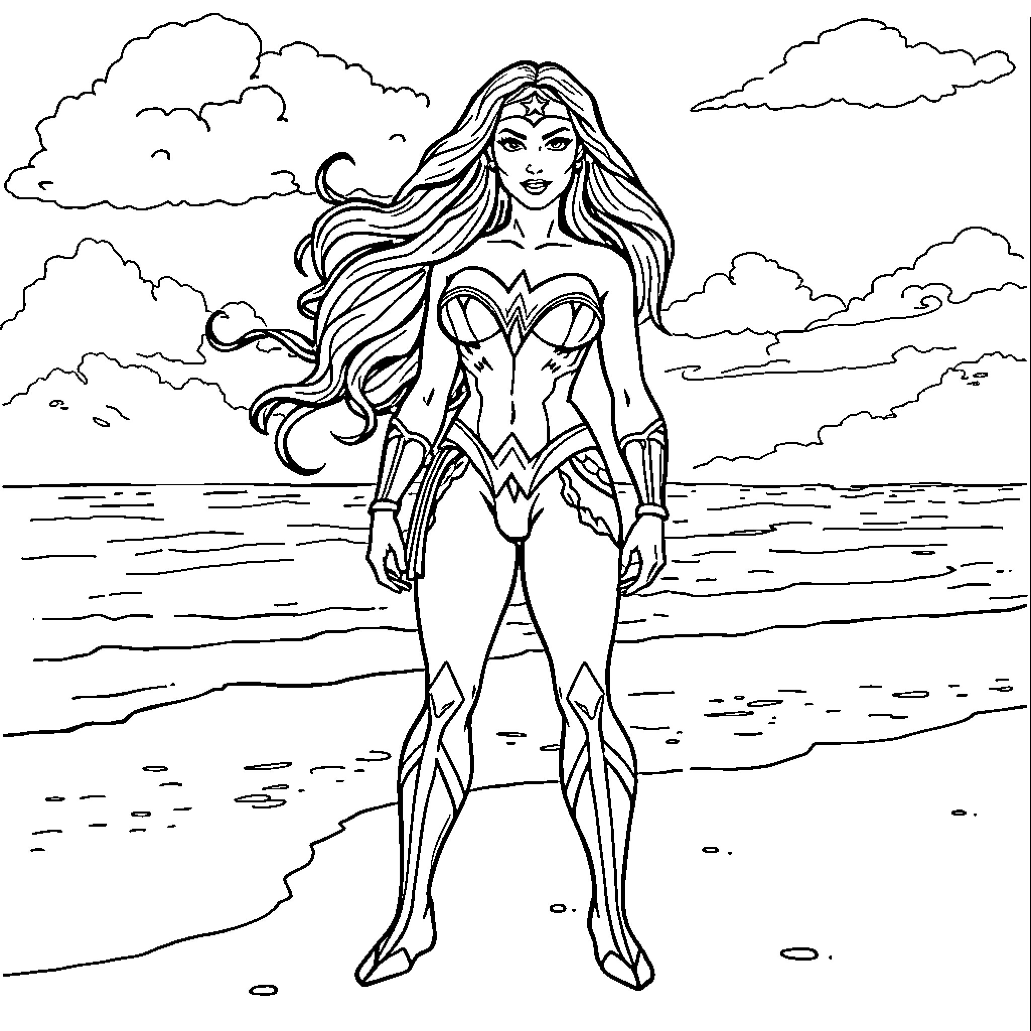 Wonder Woman standing heroically on the beach Coloring Page (free black-and-white line drawing printable PDF for all, from beginners to advanced learners, including children, teens, adults, and seniors)