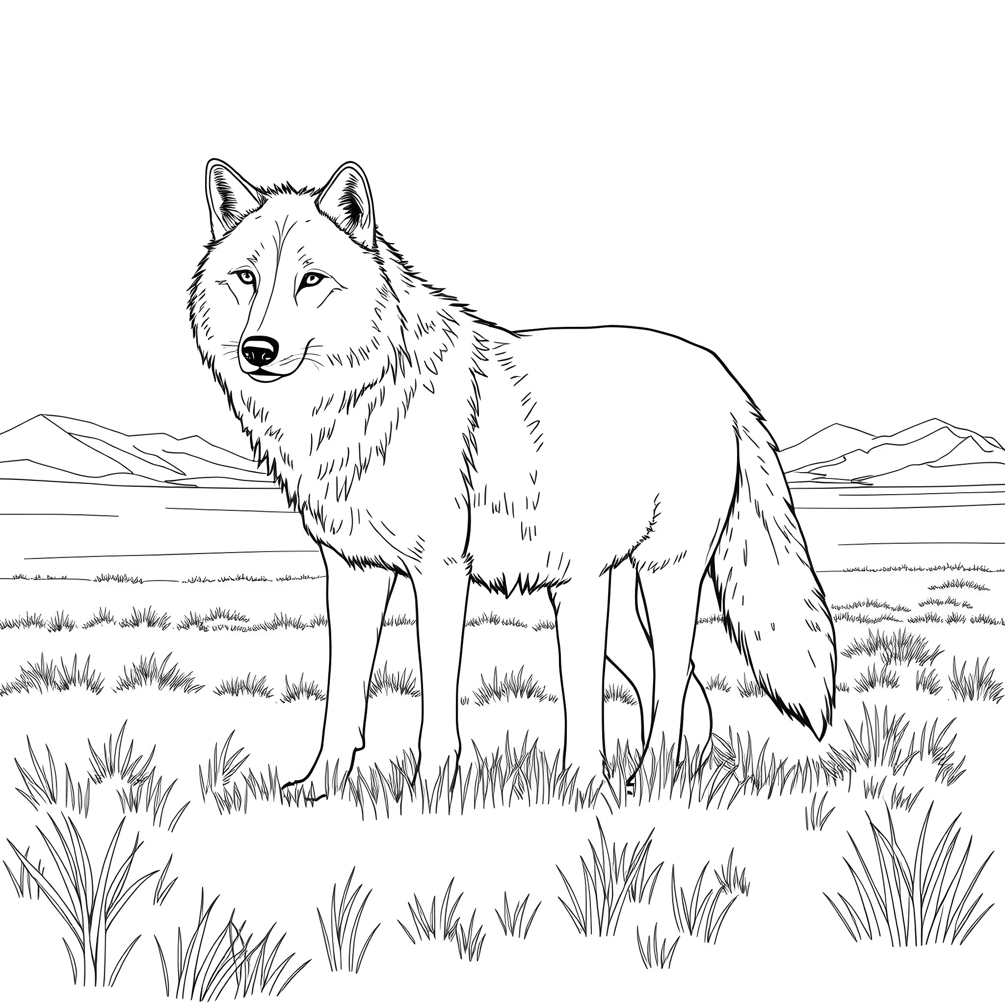 Wolf standing alert in the wilderness Coloring Page (free black-and-white line drawing printable PDF for all, from beginners to advanced learners, including children, teens, adults, and seniors)