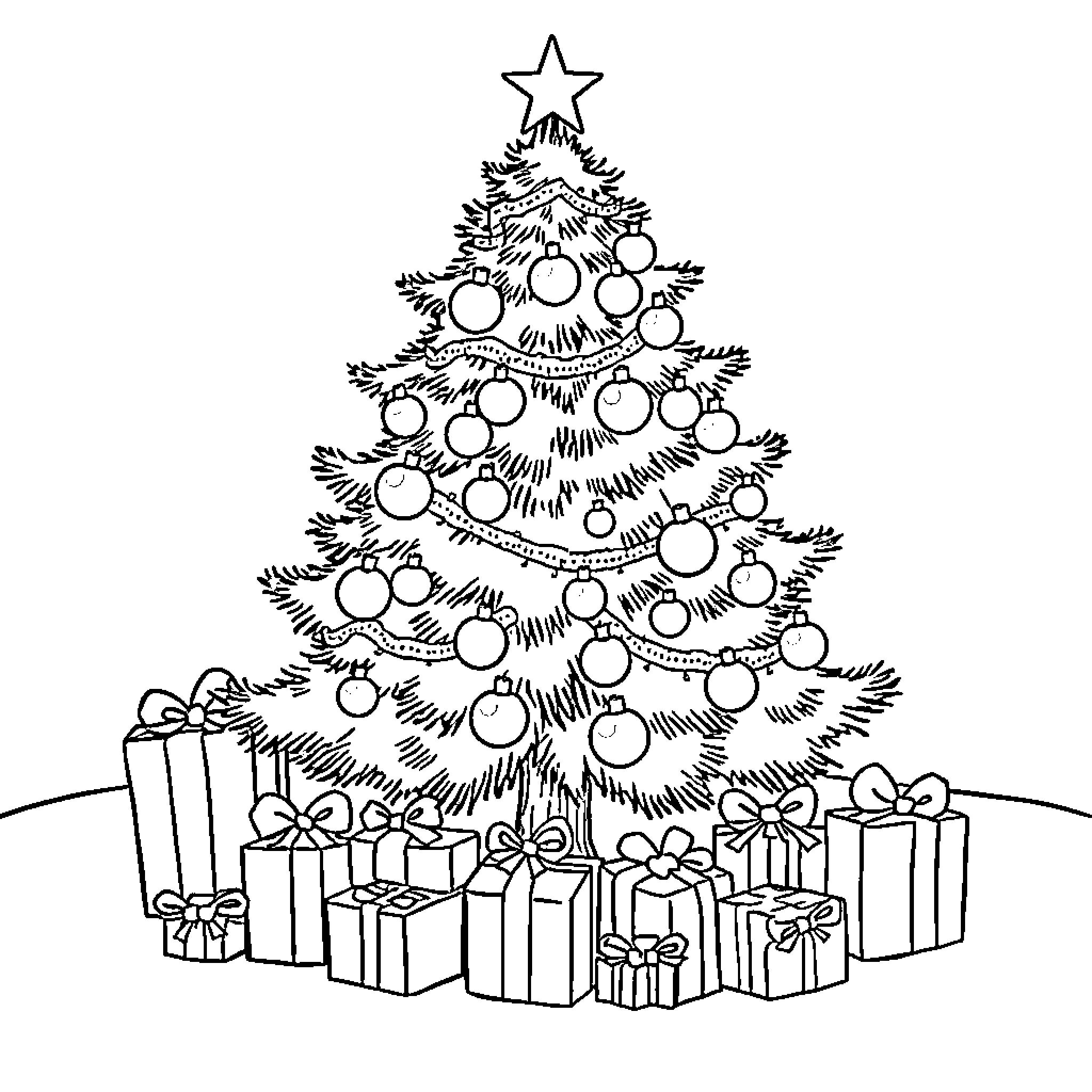 Christmas tree with ornaments and presents Coloring Page (free black-and-white line drawing printable PDF for all, from beginners to advanced learners, including children, teens, adults, and seniors)