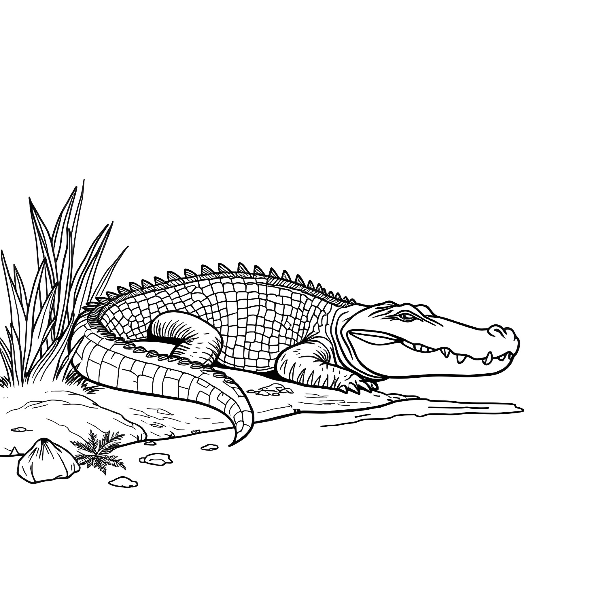 Alligator basking in the sun near the riverbank Coloring Page (free black-and-white line drawing printable PDF for all, from beginners to advanced learners, including children, teens, adults, and seniors)