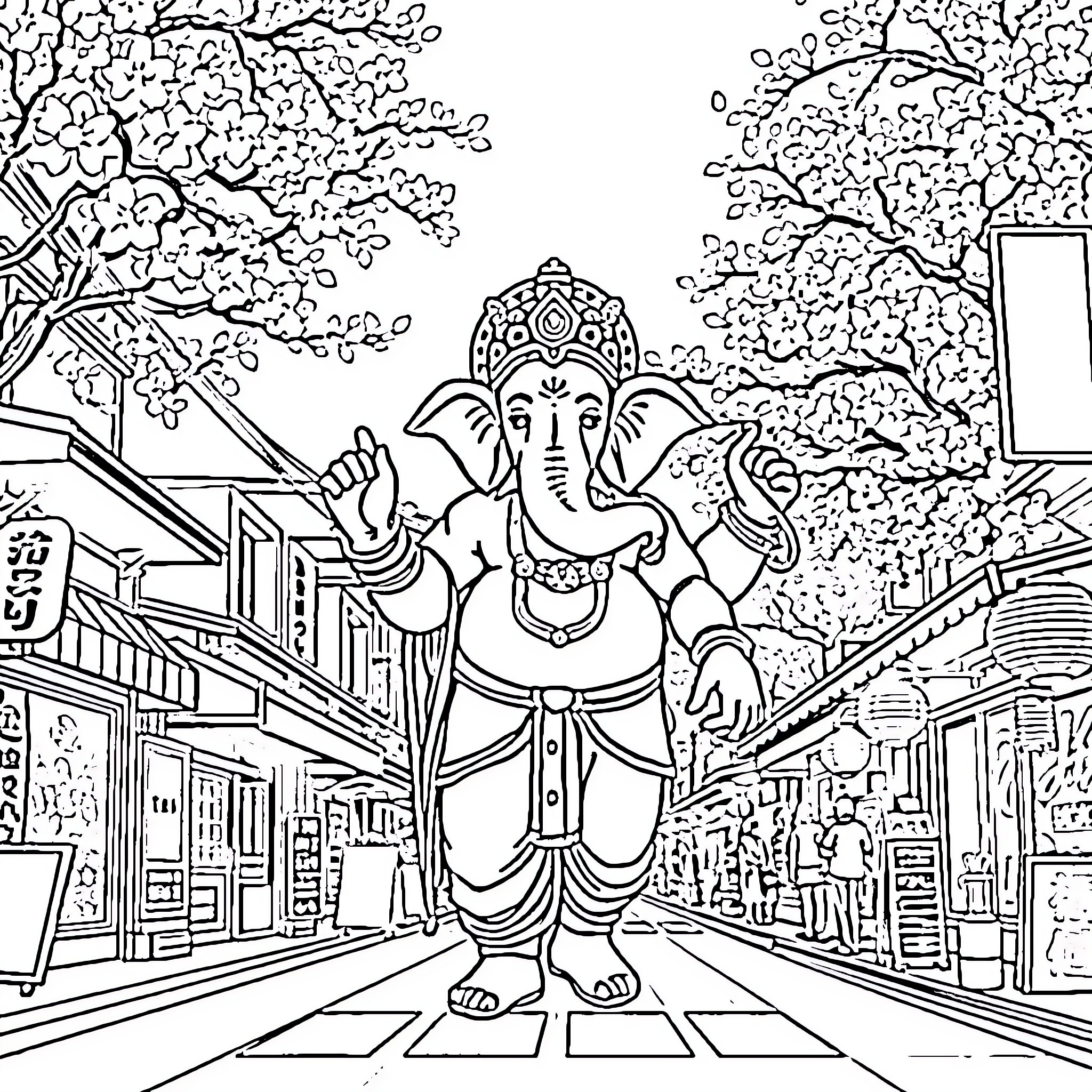 Ganesh, the Elephant-Headed God, in a Lively Street Scene Coloring Page (free black-and-white line drawing printable PDF for all, from beginners to advanced learners, including children, teens, adults, and seniors)