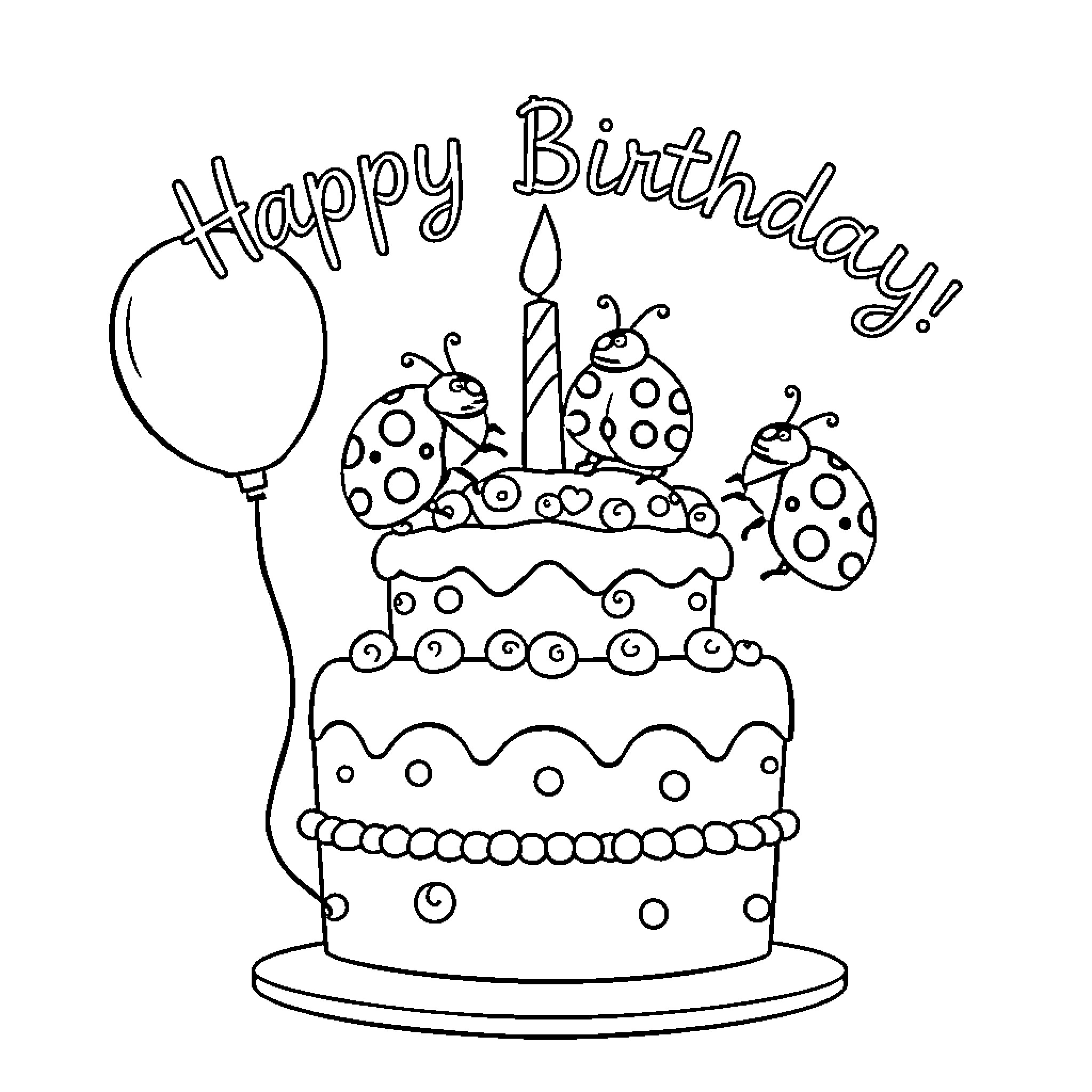 Ladybug enjoying a birthday celebration Coloring Page (free black-and-white line drawing printable PDF for all, from beginners to advanced learners, including children, teens, adults, and seniors)