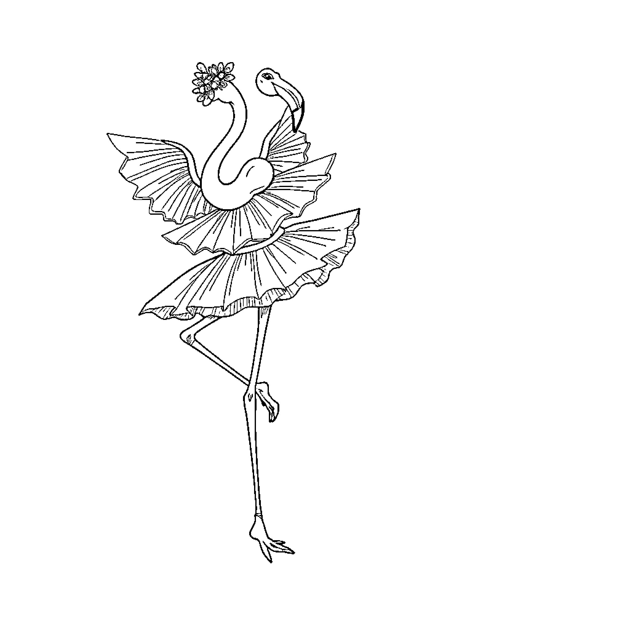 Flamingo ballerina dancing gracefully Coloring Page (free black-and-white line drawing printable PDF for all, from beginners to advanced learners, including children, teens, adults, and seniors)