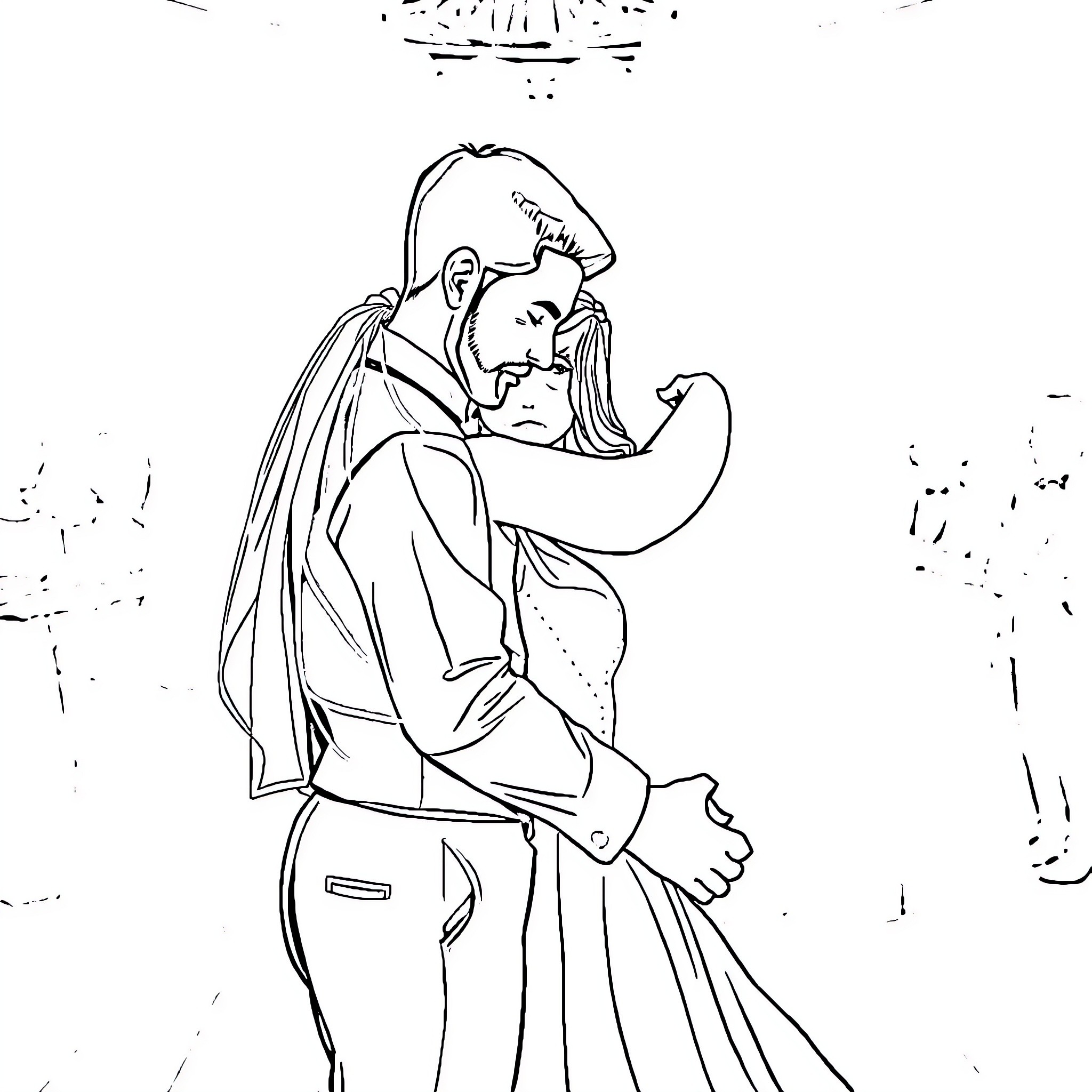 Bride and Groom in Loving Embrace Coloring Page (free black-and-white line drawing printable PDF for all, from beginners to advanced learners, including children, teens, adults, and seniors)