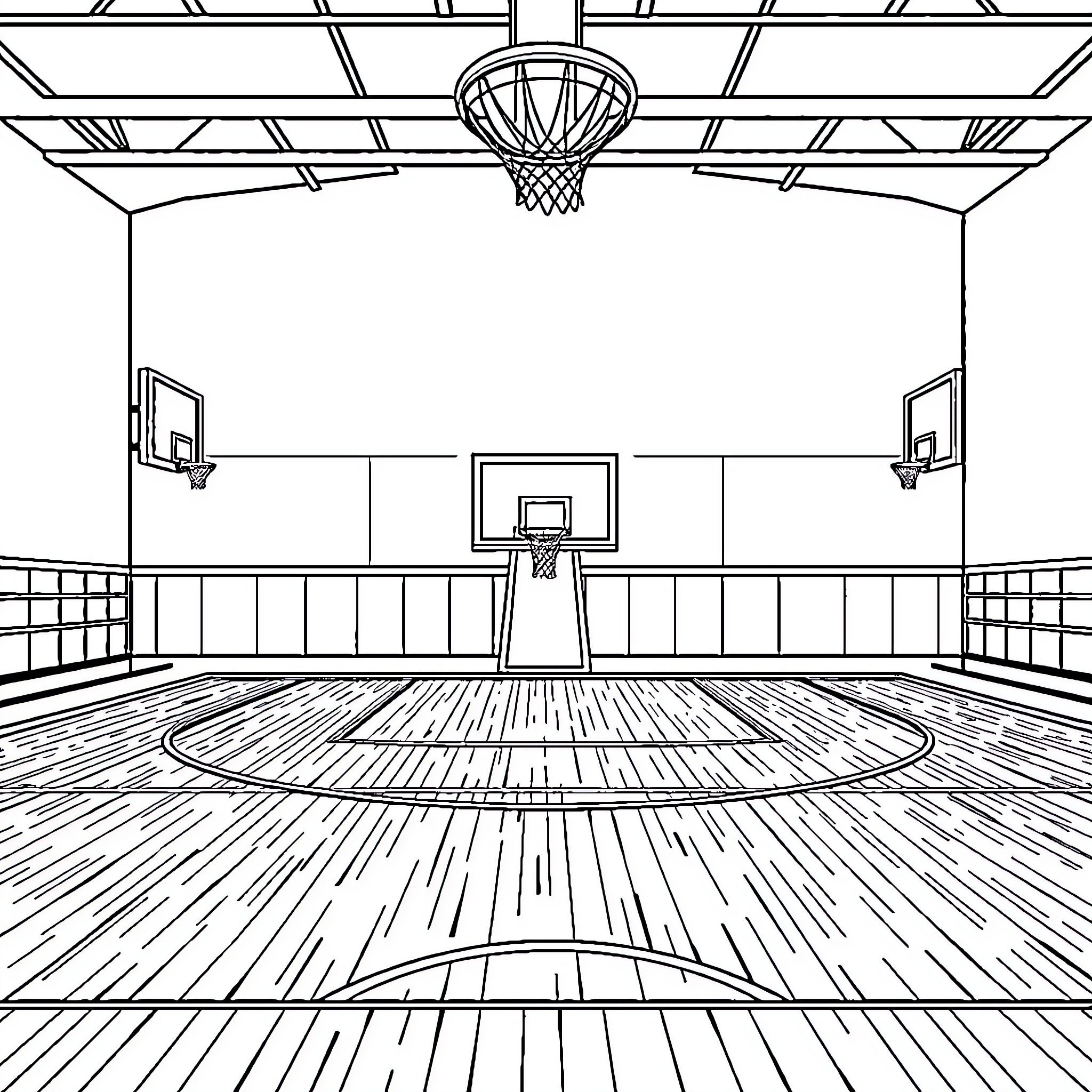 Basketball court with hoops and wooden floor Coloring Page (free black-and-white line drawing printable PDF for all, from beginners to advanced learners, including children, teens, adults, and seniors)